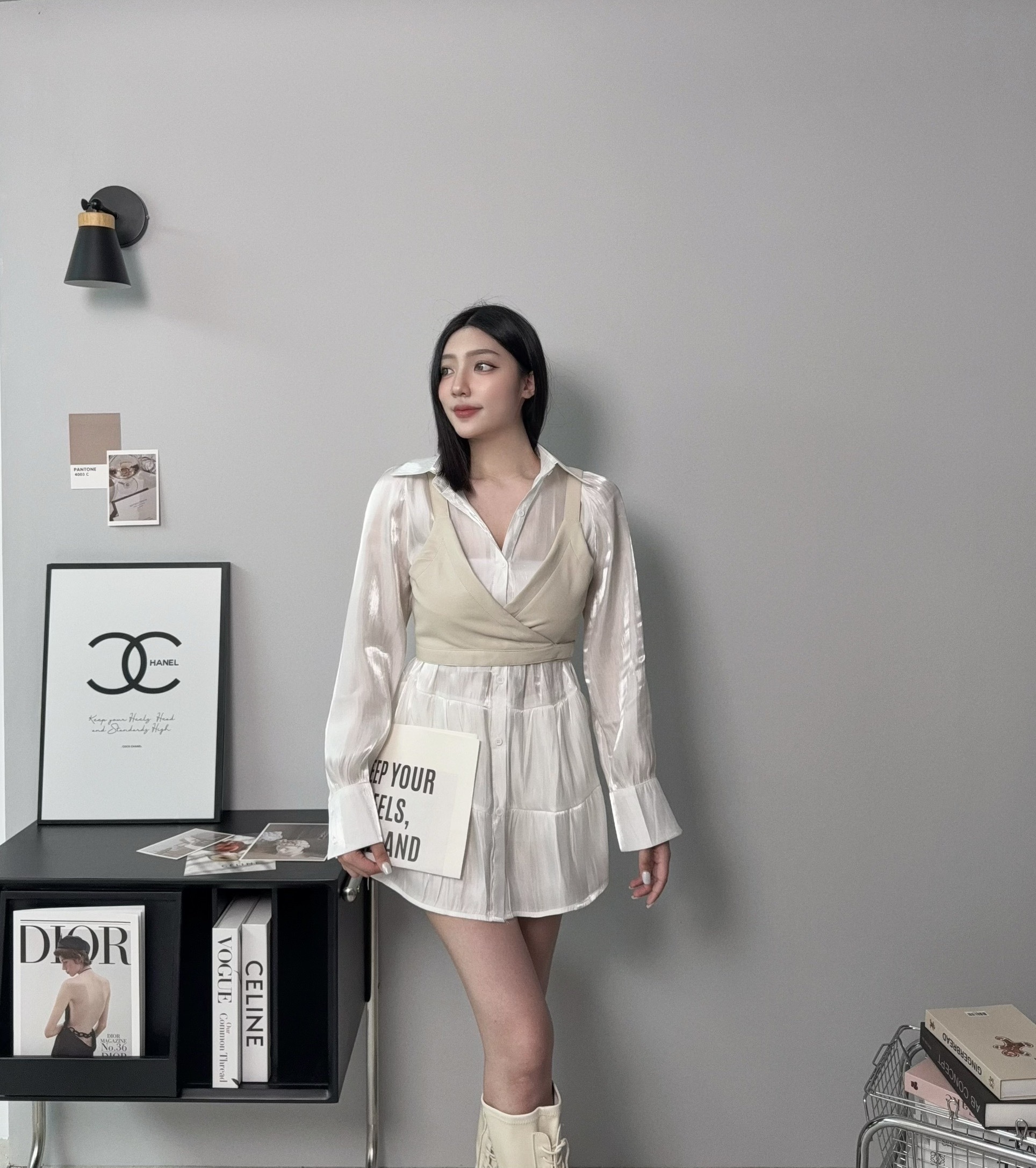 5416『訂製款』法式高級光澤感短洋+皮革馬甲 (2)