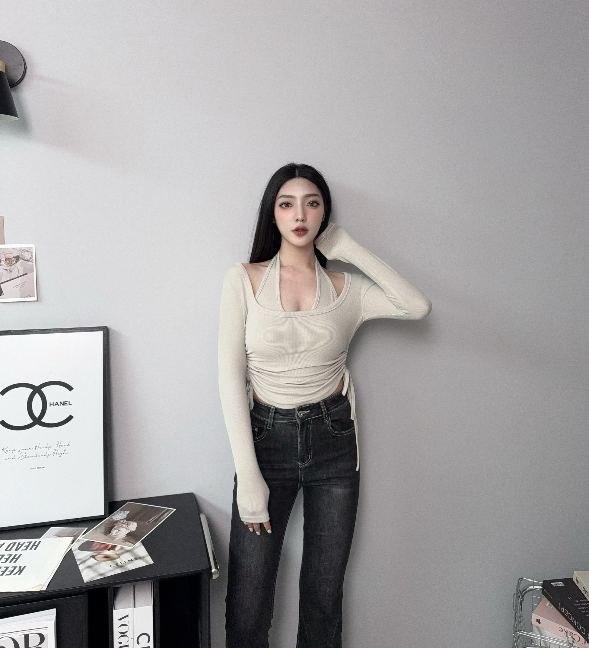 1060『訂製款』純欲抽繩掛脖真兩件上衣