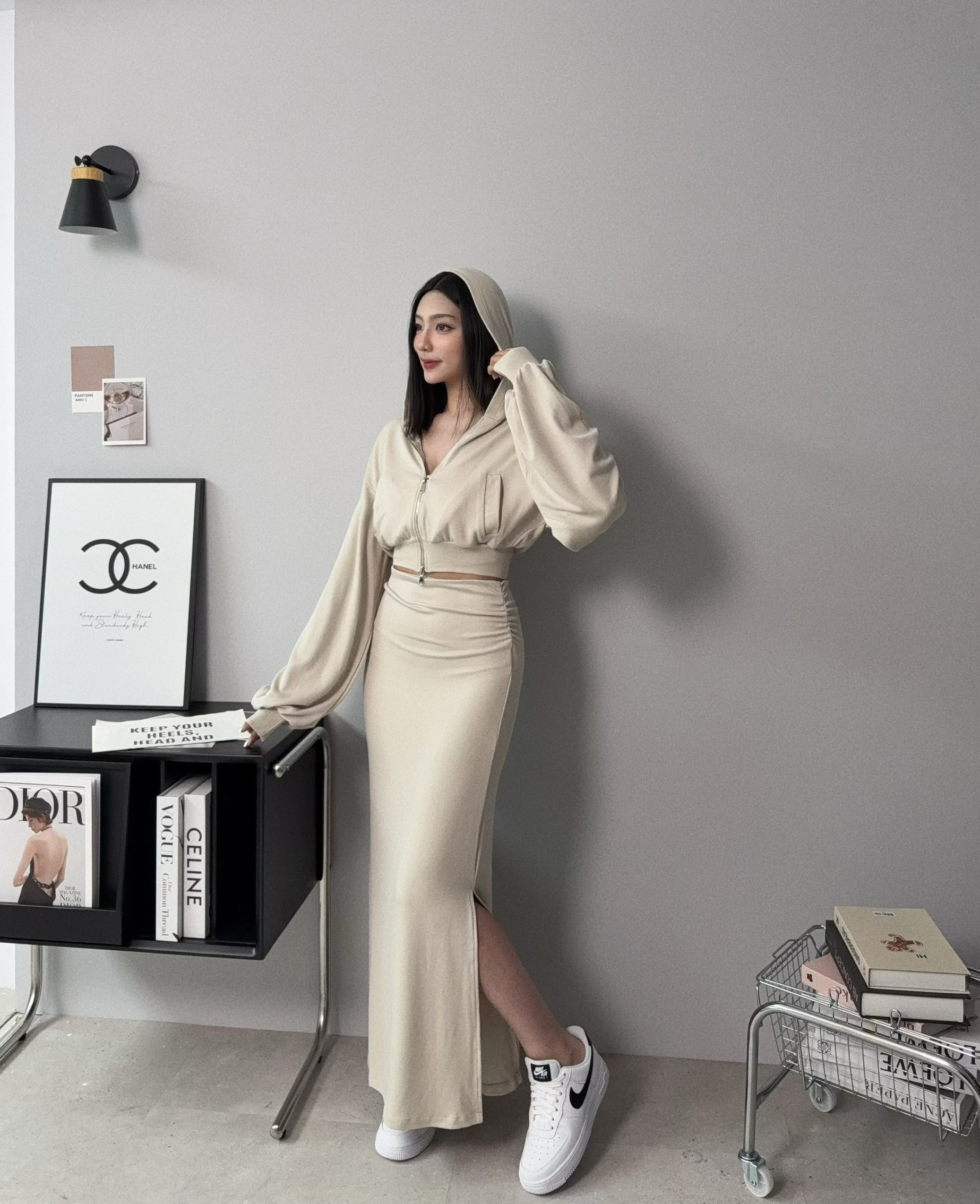 5439『訂製款』韓版彈力顯瘦抓皺開衩裙SET