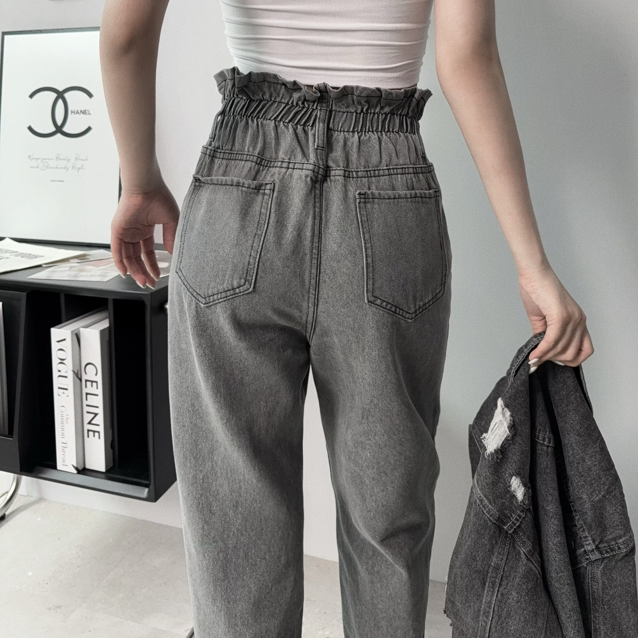 10632『選品』高腰花苞愛心刺繡水洗牛仔褲 (4)