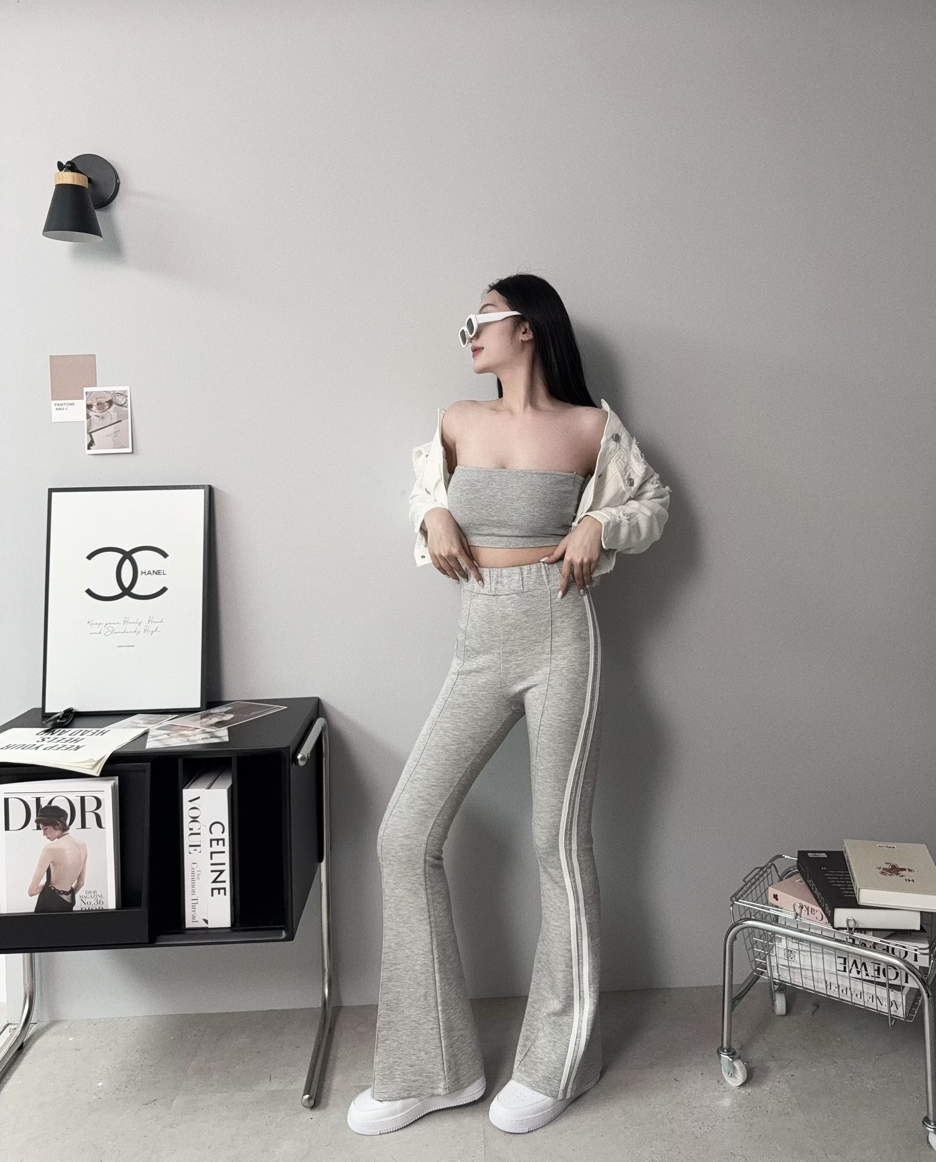 3399『選品』太空棉高腰邊條喇叭褲