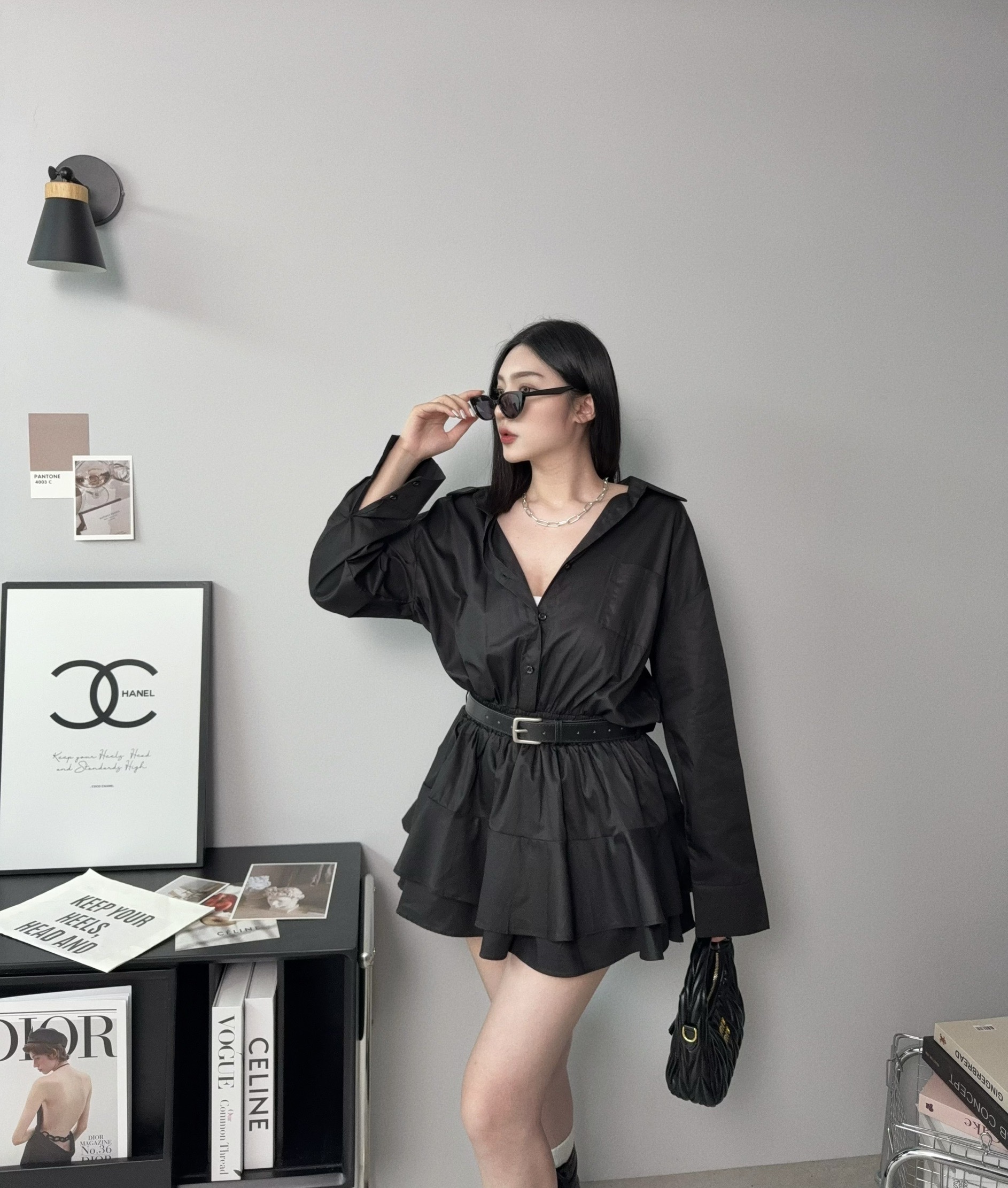 25015『選品』酷颯小姐姐🎧襯衫縮腰蛋糕裙 (4)