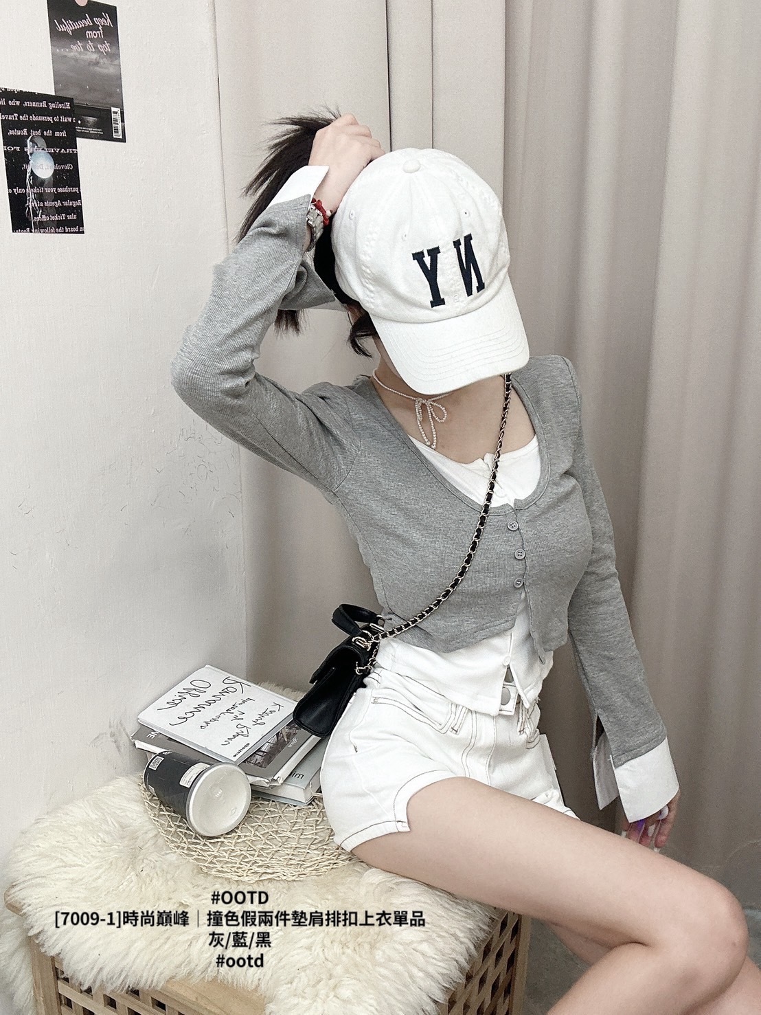 [7009-1]時尚巔峰｜撞色假兩件墊肩排扣上衣單品 (6)