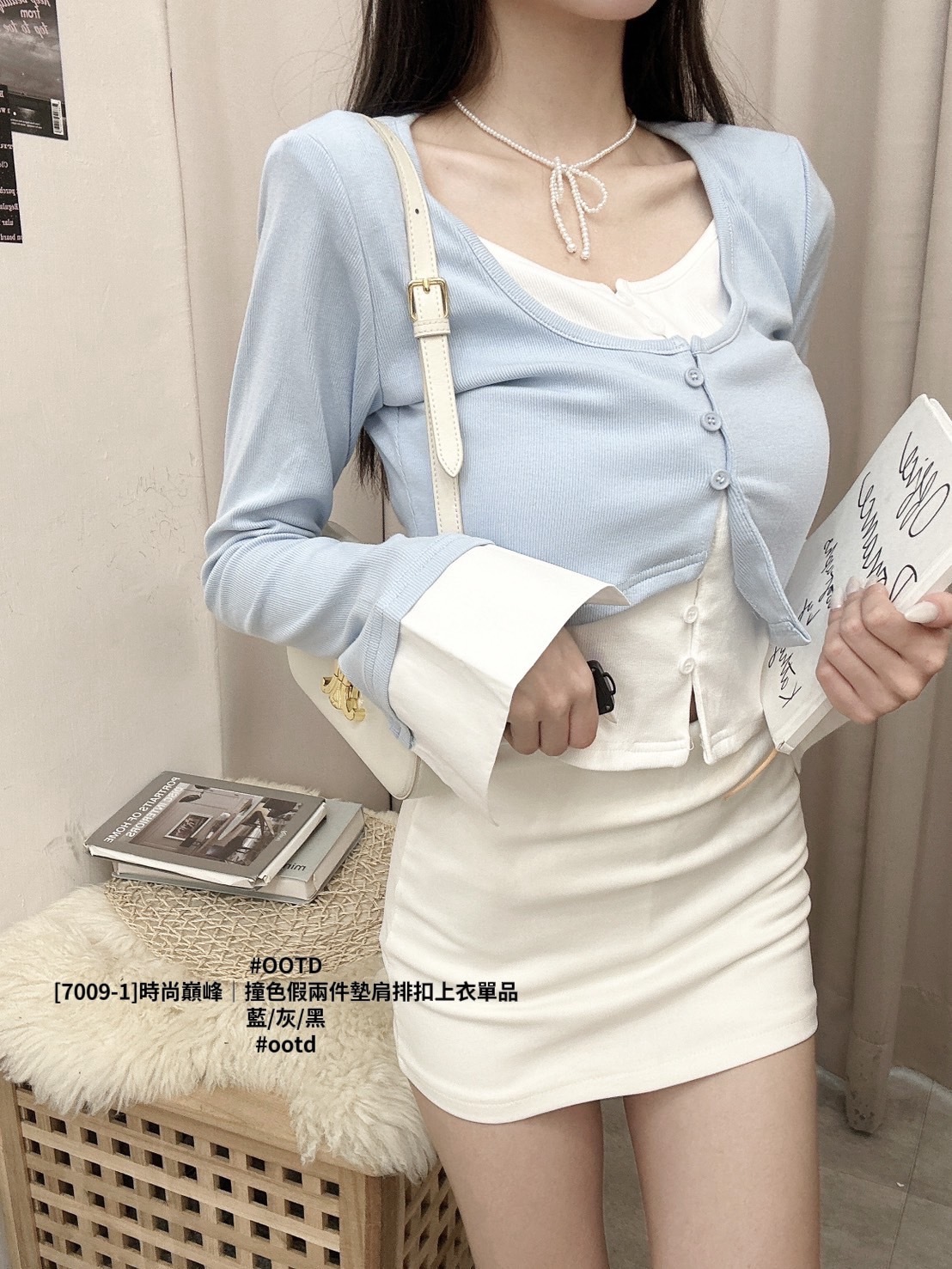 [7009-1]時尚巔峰｜撞色假兩件墊肩排扣上衣單品 (3)