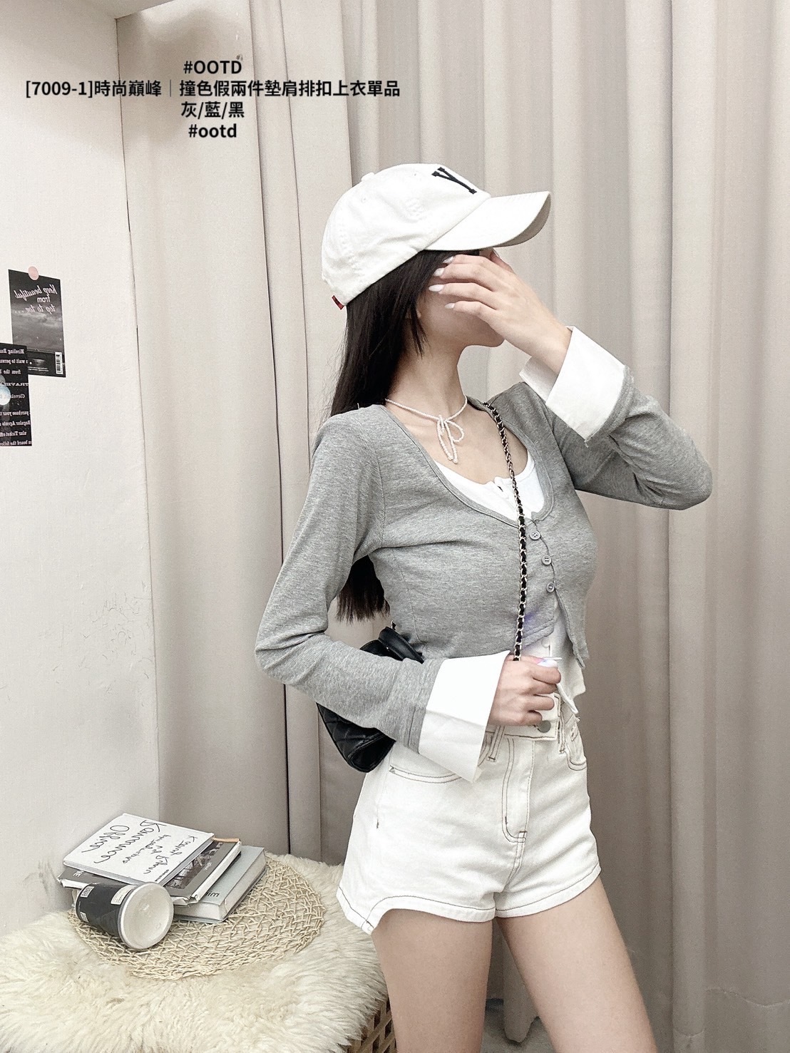 [7009-1]時尚巔峰｜撞色假兩件墊肩排扣上衣單品 (4)