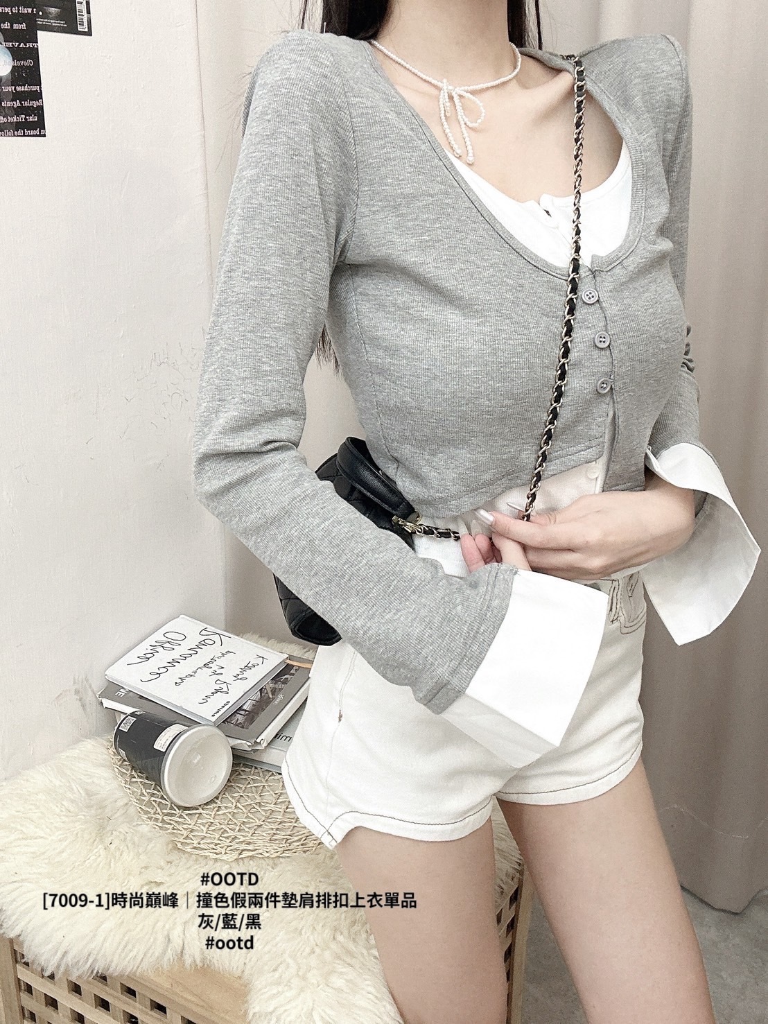 [7009-1]時尚巔峰｜撞色假兩件墊肩排扣上衣單品 (5)