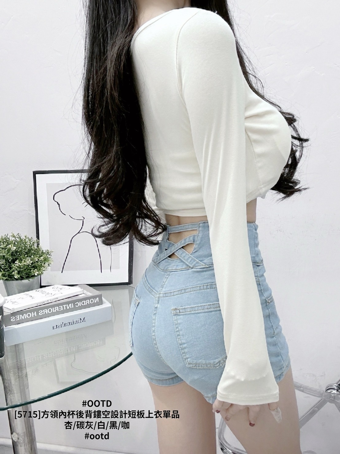 [5715]方領內杯後背鏤空設計短板上衣單品 (3)