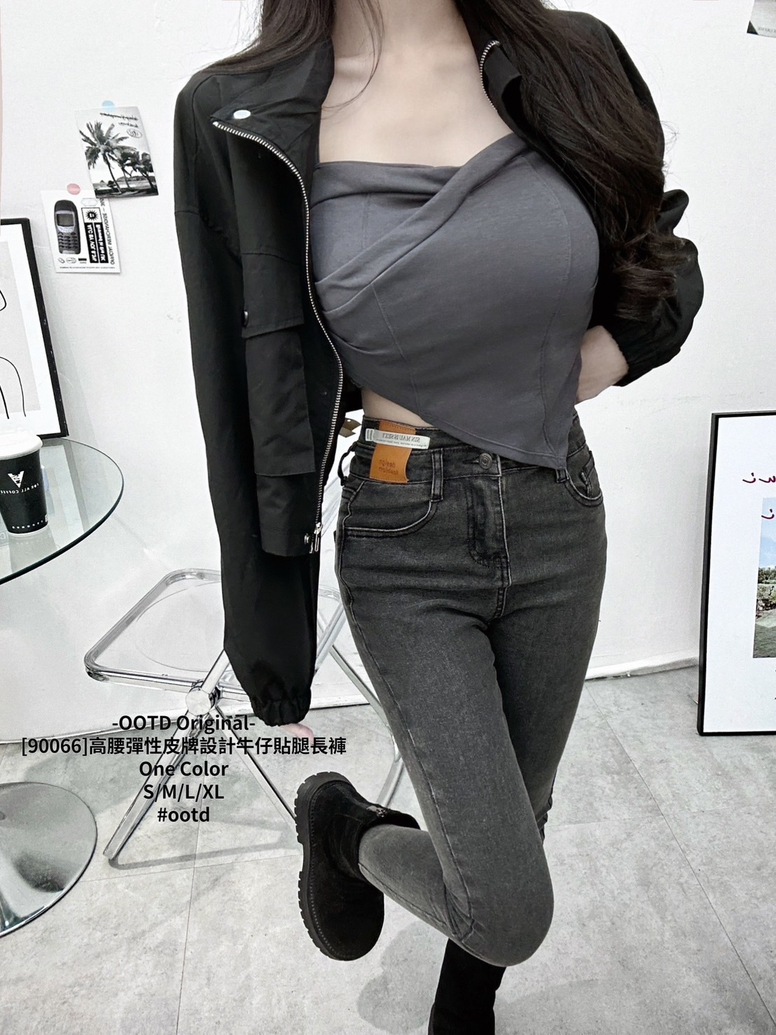 [90066]高腰彈性皮牌設計牛仔貼腿長褲