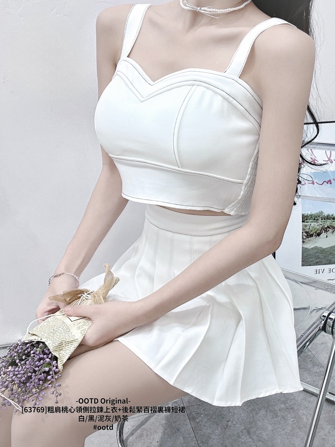 [63769]粗肩桃心領側拉鍊上衣+後鬆緊百褶裏褲短裙 (2)