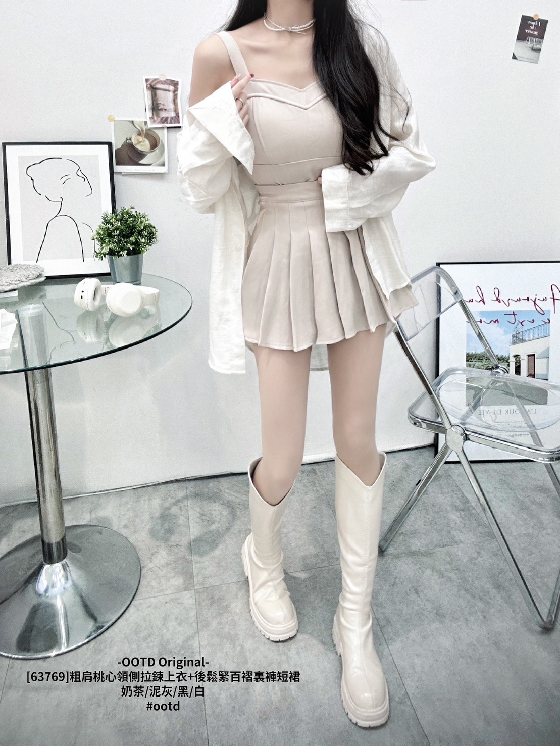 [63769]粗肩桃心領側拉鍊上衣+後鬆緊百褶裏褲短裙 (3)
