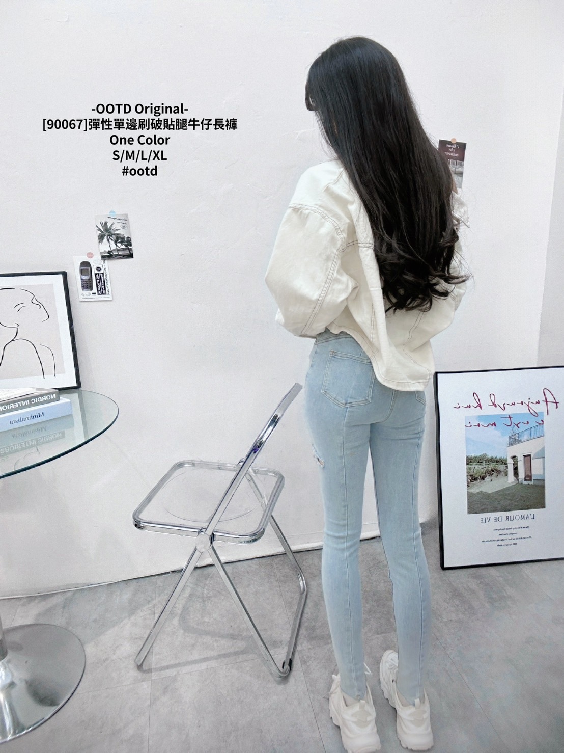 [90067]彈性單邊刷破貼腿牛仔長褲 (3)