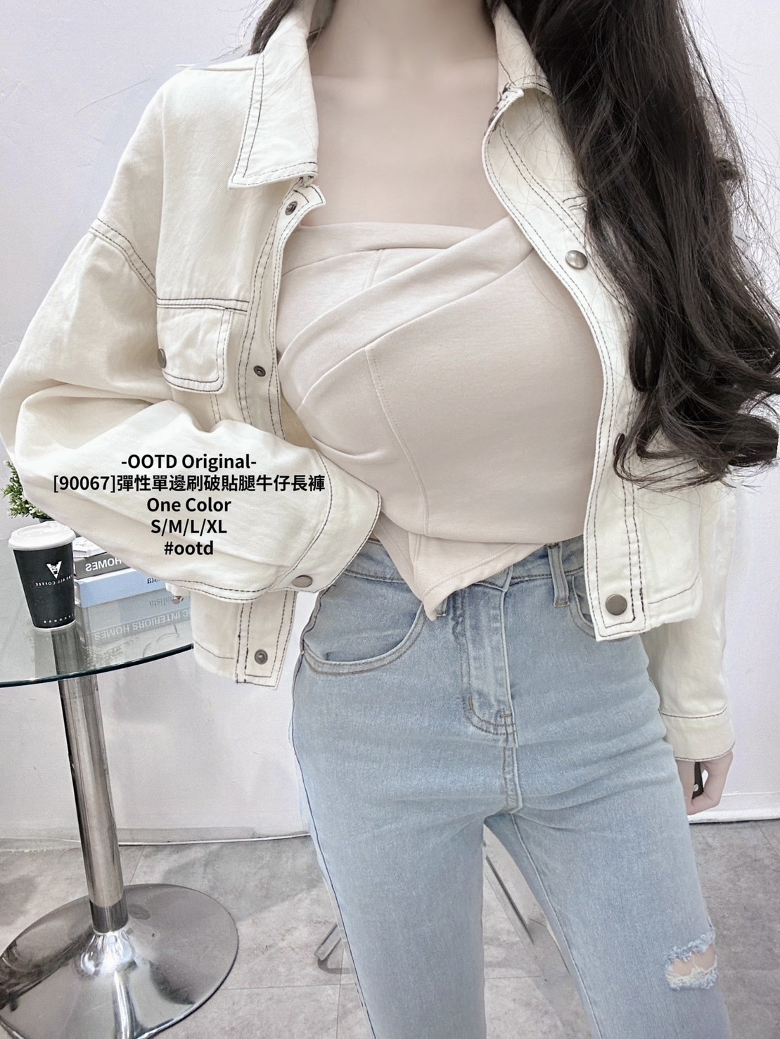 [90067]彈性單邊刷破貼腿牛仔長褲 (4)