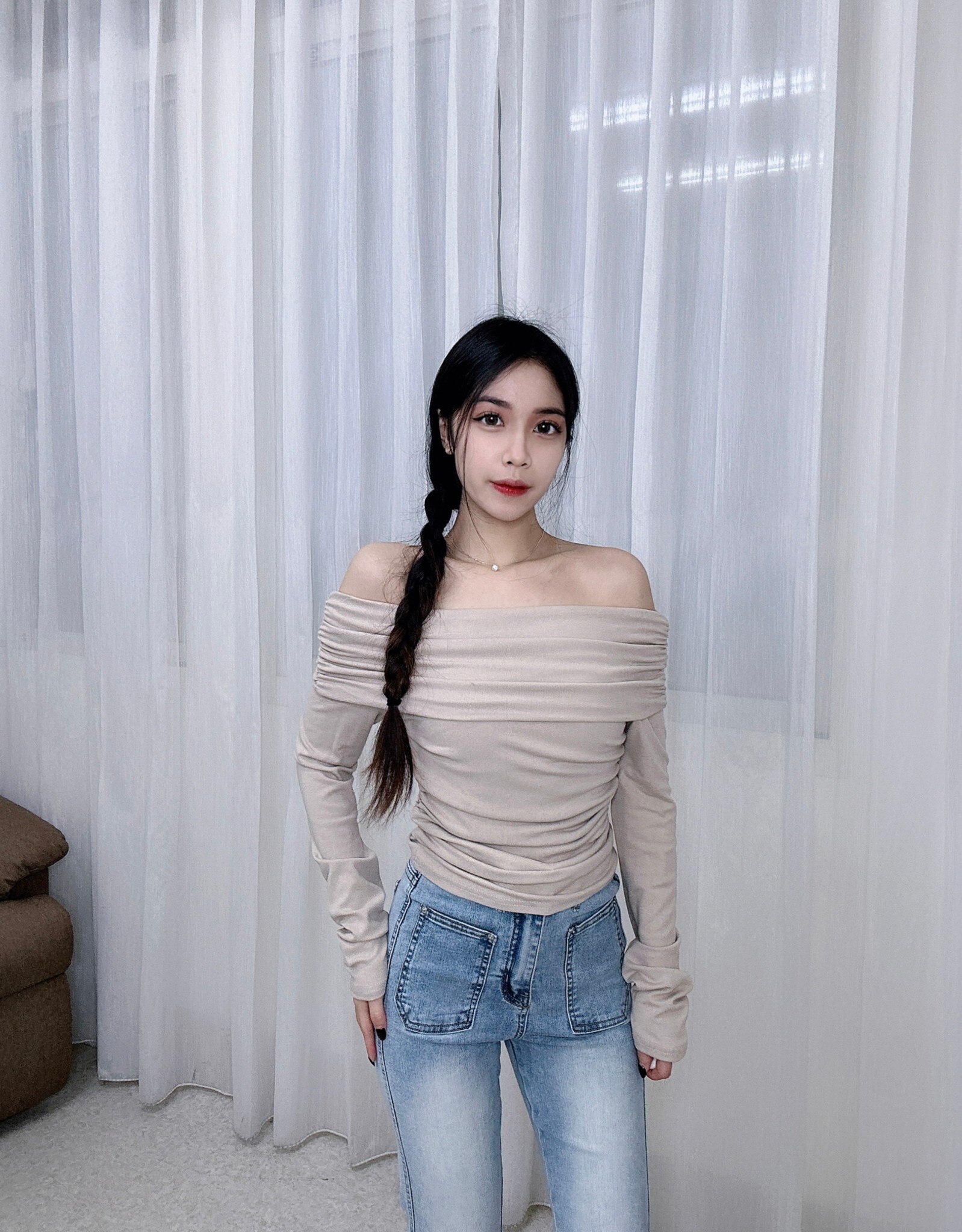 6581𝓐𝓐春款字領褶皺上衣