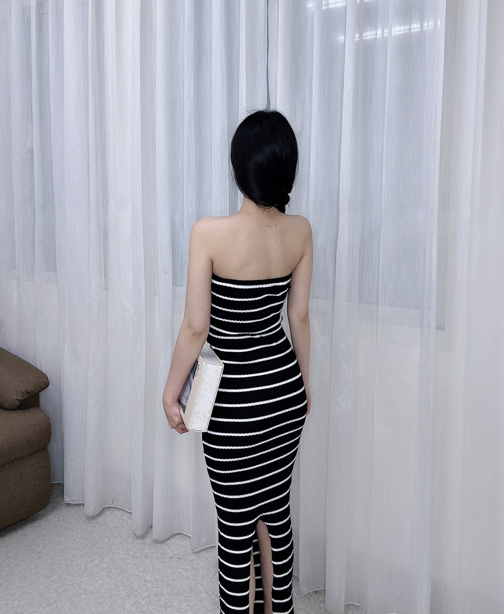 10107𝓐𝓐春款條紋胸墊平口後開岔長洋 (2)