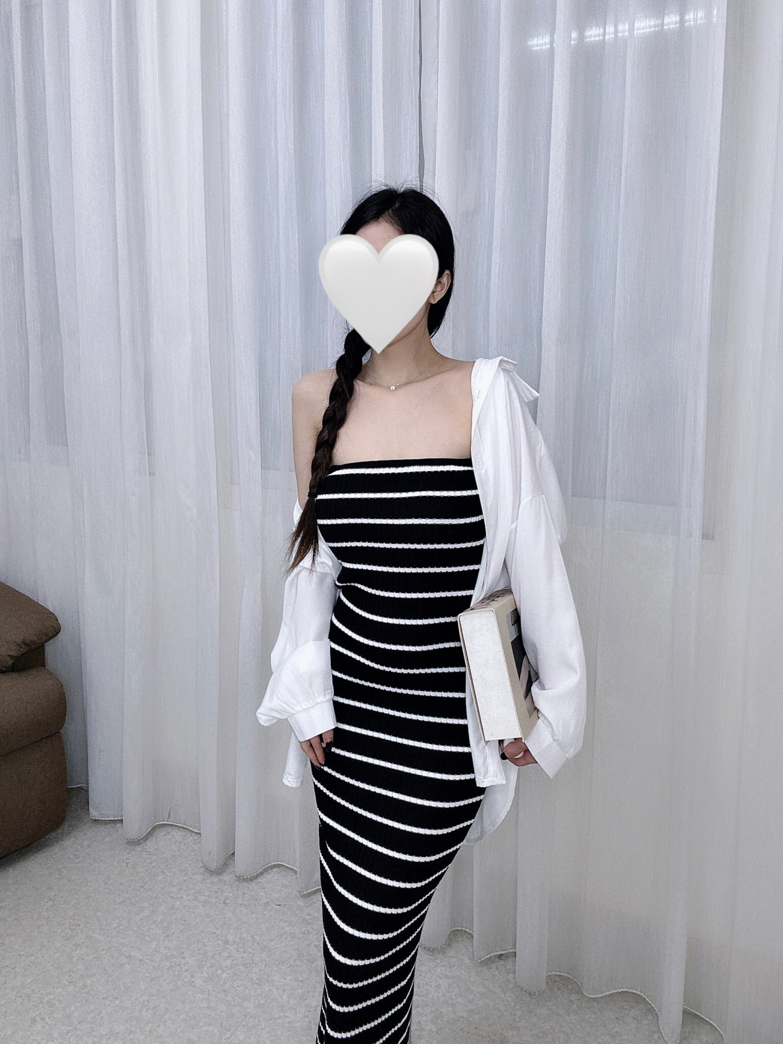 10107𝓐𝓐春款條紋胸墊平口後開岔長洋