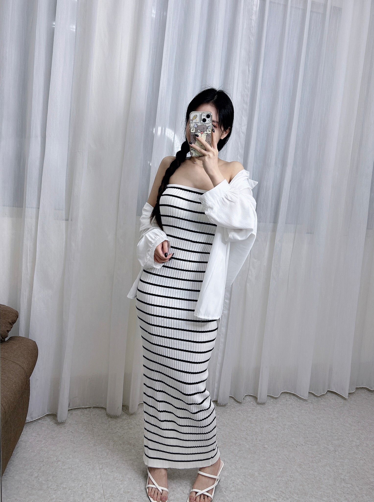 10107𝓐𝓐春款條紋胸墊平口後開岔長洋 (3)