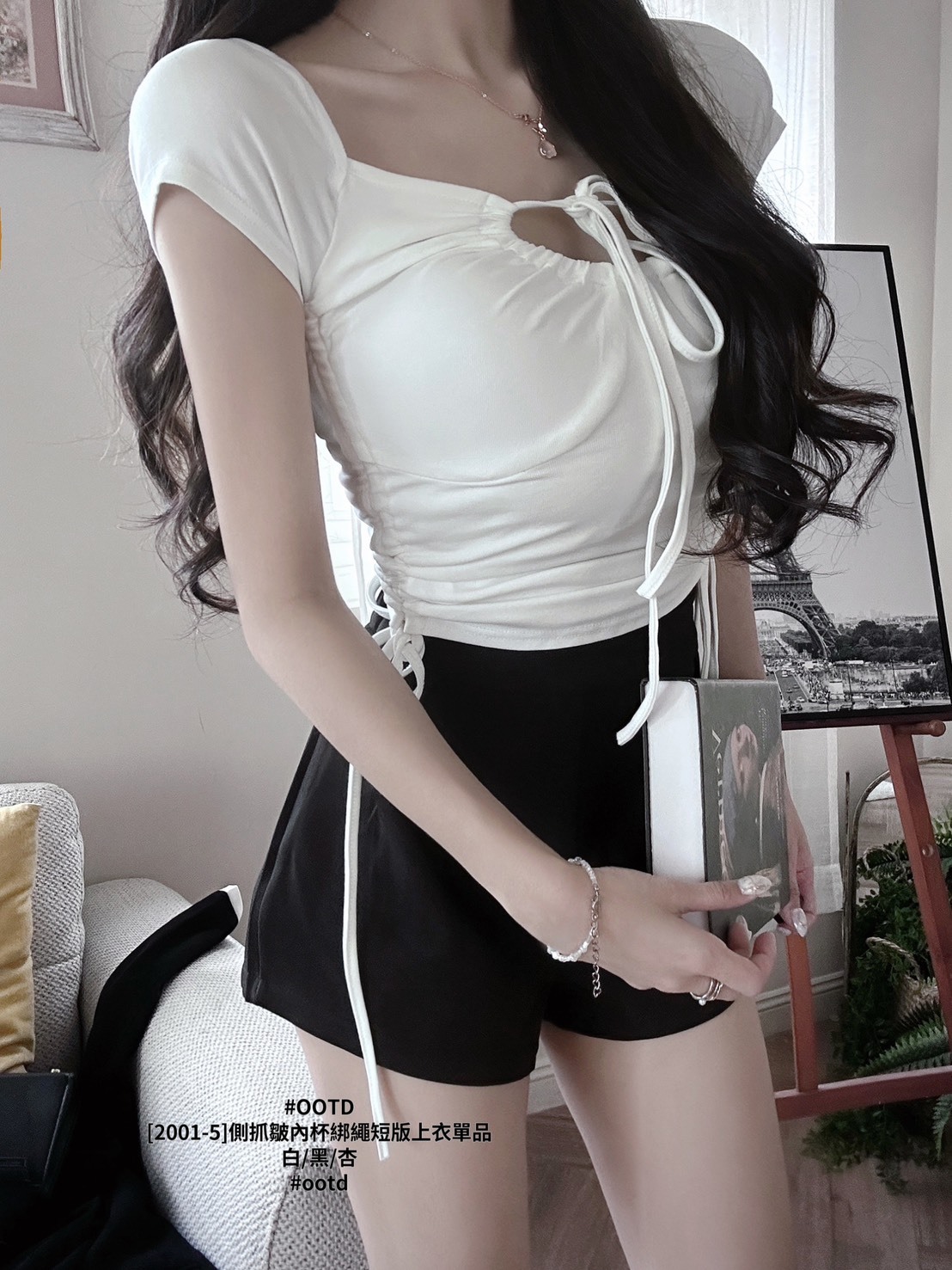 [2001-5]側抓皺內杯綁繩短版上衣單品 (2)