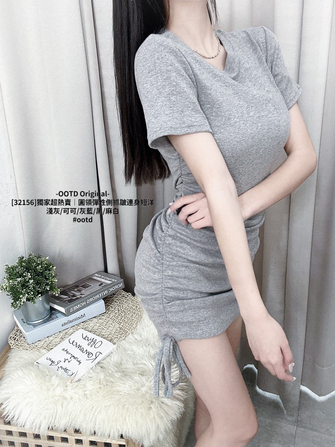 [32156]獨家超熱賣｜圓領彈性側抓皺連身短洋 (4)