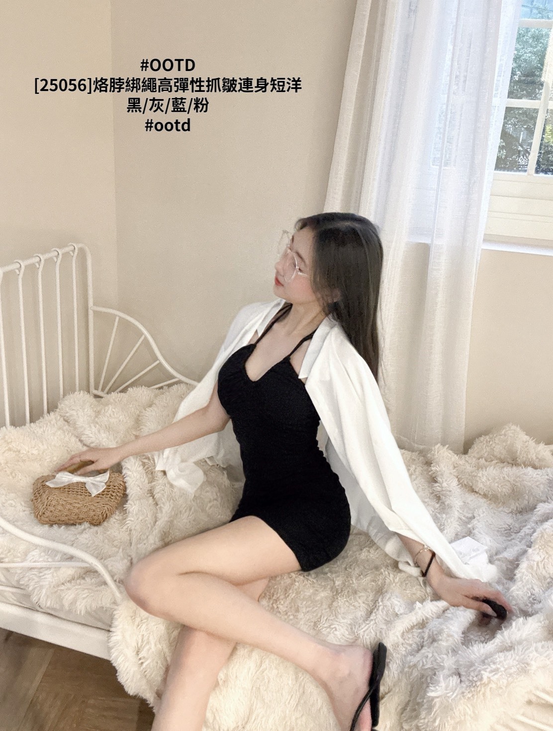 [25056]烙脖綁繩高彈性抓皺連身短洋 (7)