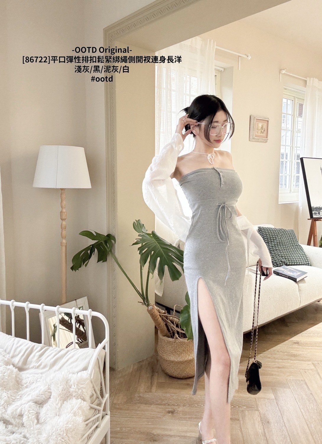 [86722]平口彈性排扣鬆緊綁繩側開衩連身長洋 (6)