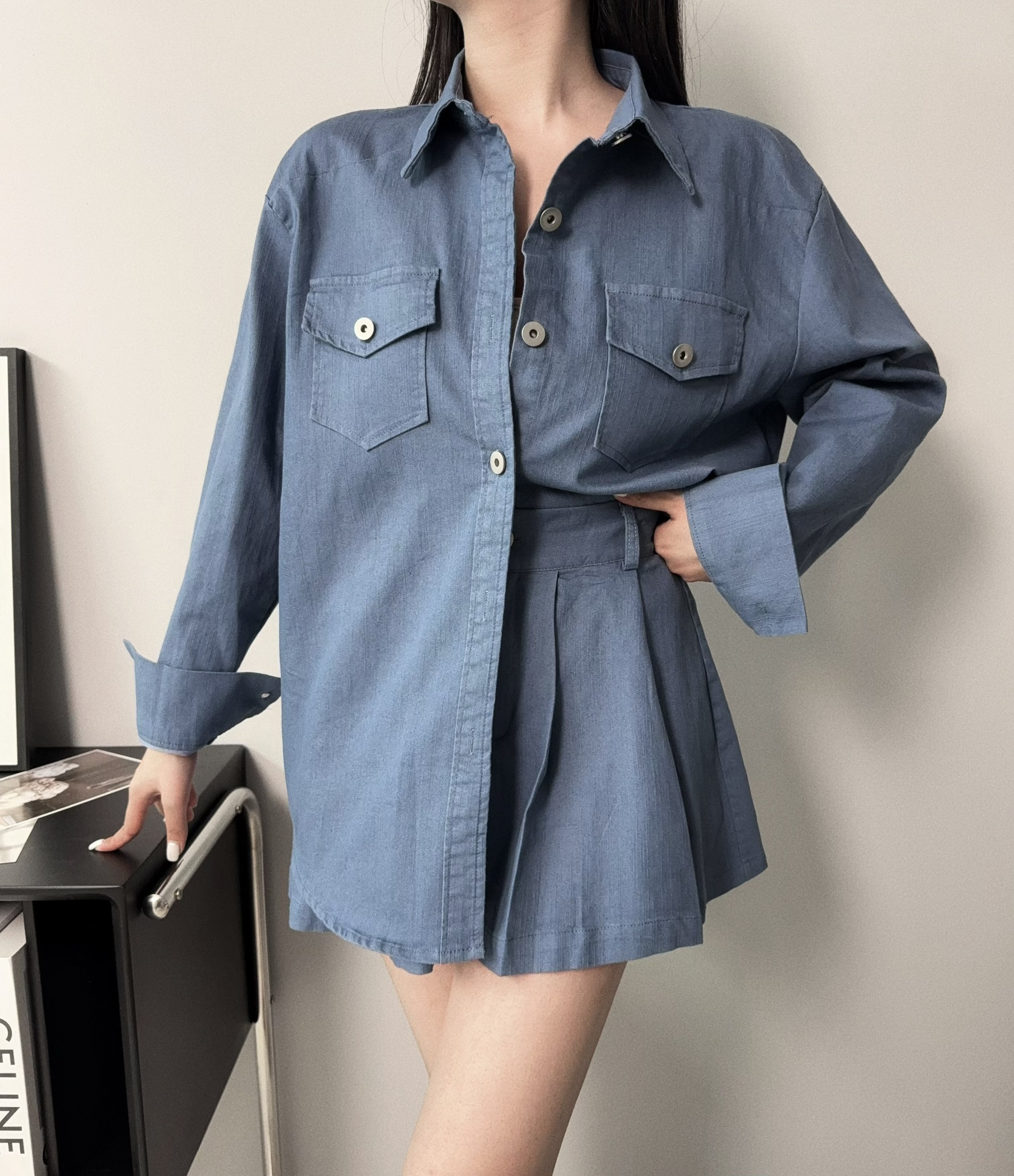1002𝓐.𝓓𝓮𝓼𝓲𝓰𝓷『選品』韓版牛仔襯衫+高腰短裙 (2)