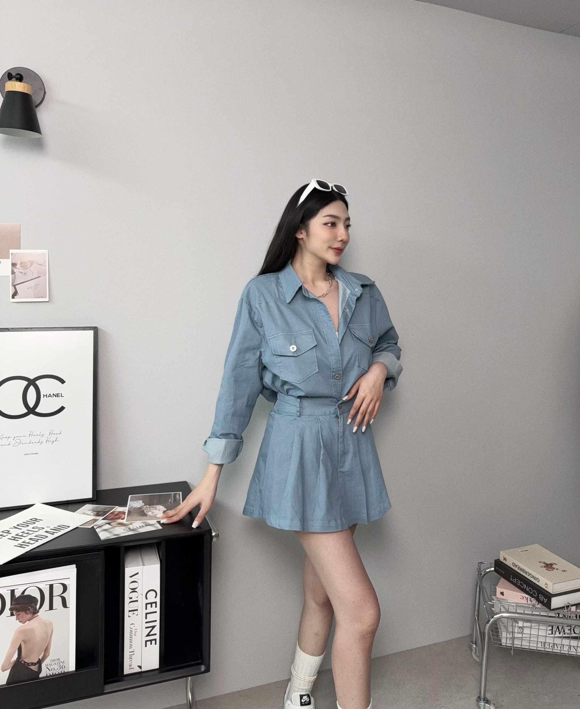 1002𝓐.𝓓𝓮𝓼𝓲𝓰𝓷『選品』韓版牛仔襯衫+高腰短裙 (4)