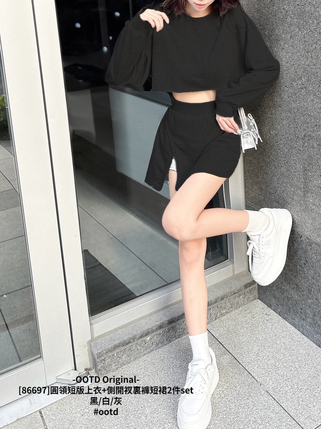 [86697]圓領短版上衣+側開衩裏褲短裙2件set (6)