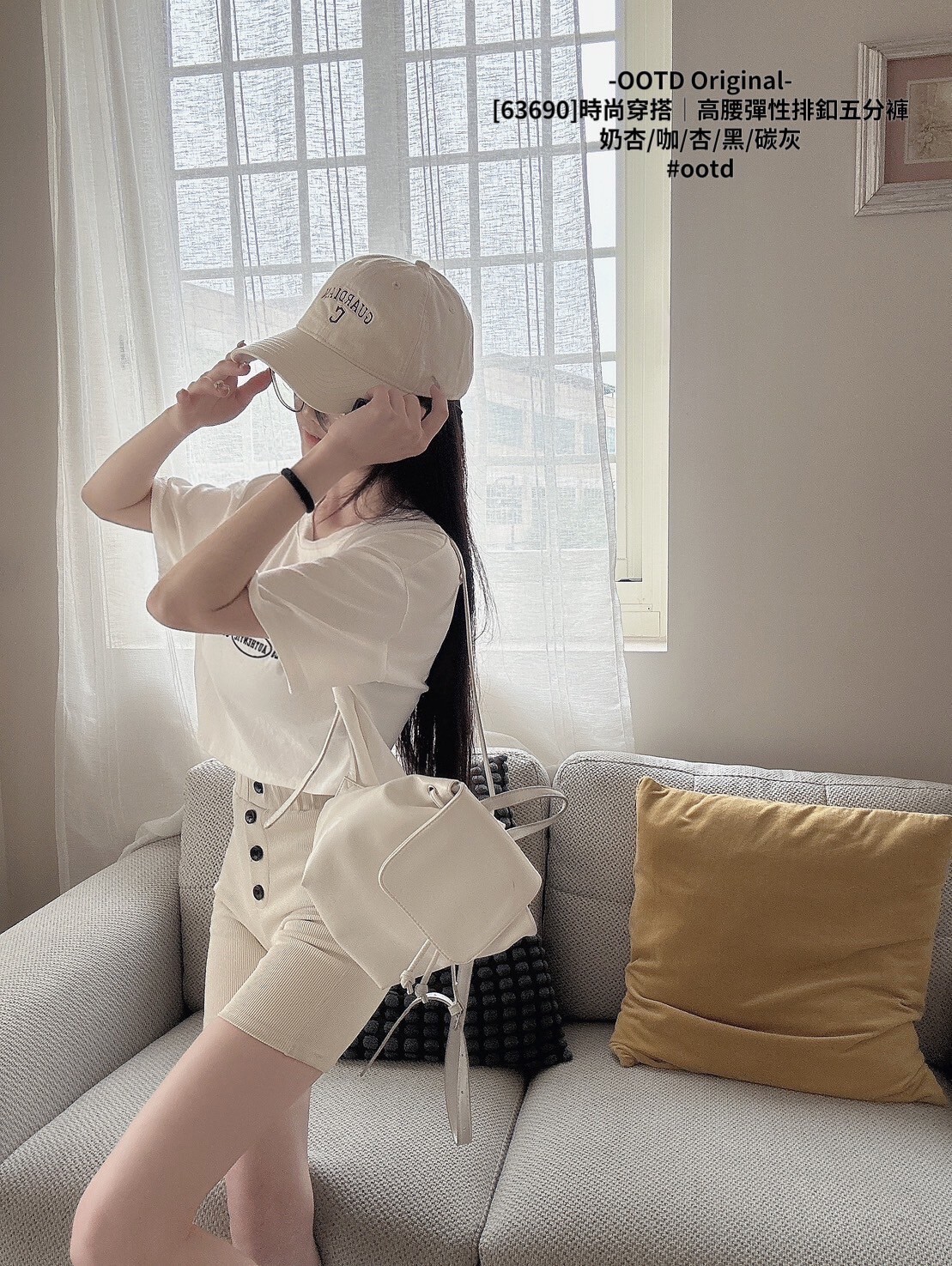 [63690]時尚穿搭｜高腰彈性排釦五分褲 (4)
