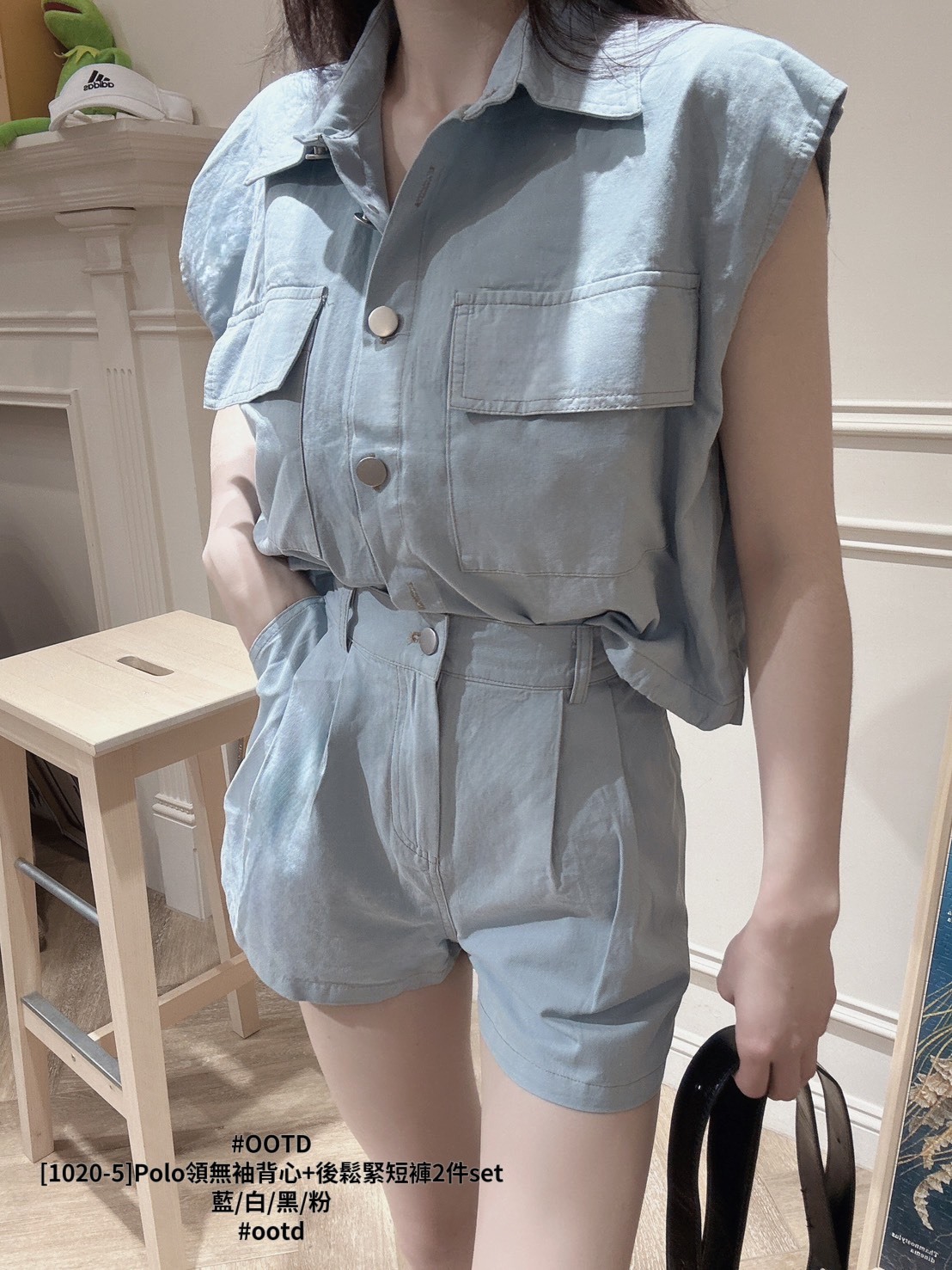 [1020-5]Polo領無袖背心+後鬆緊短褲2件set (3)
