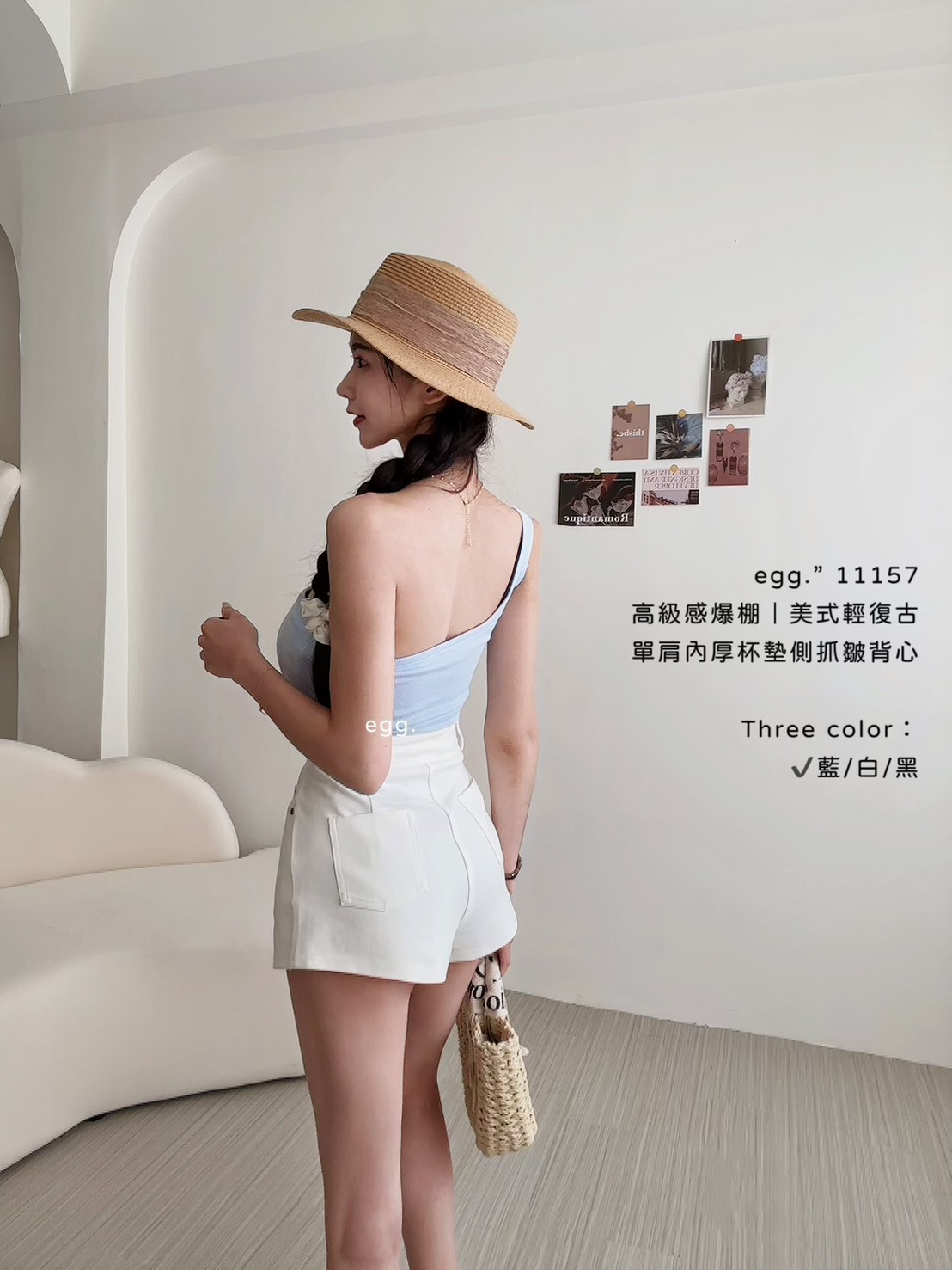 11157高級感爆棚｜美式輕復古單肩內厚杯墊側抓皺背心 (6)