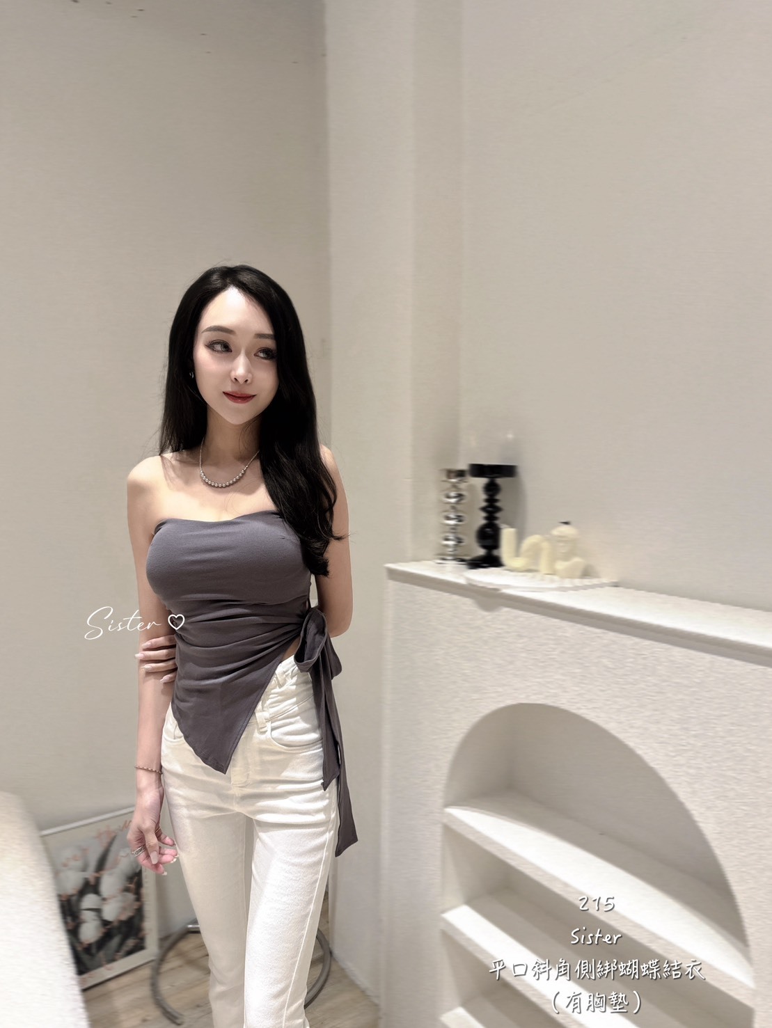 #215 平口斜角側綁蝴蝶結衣 (2)