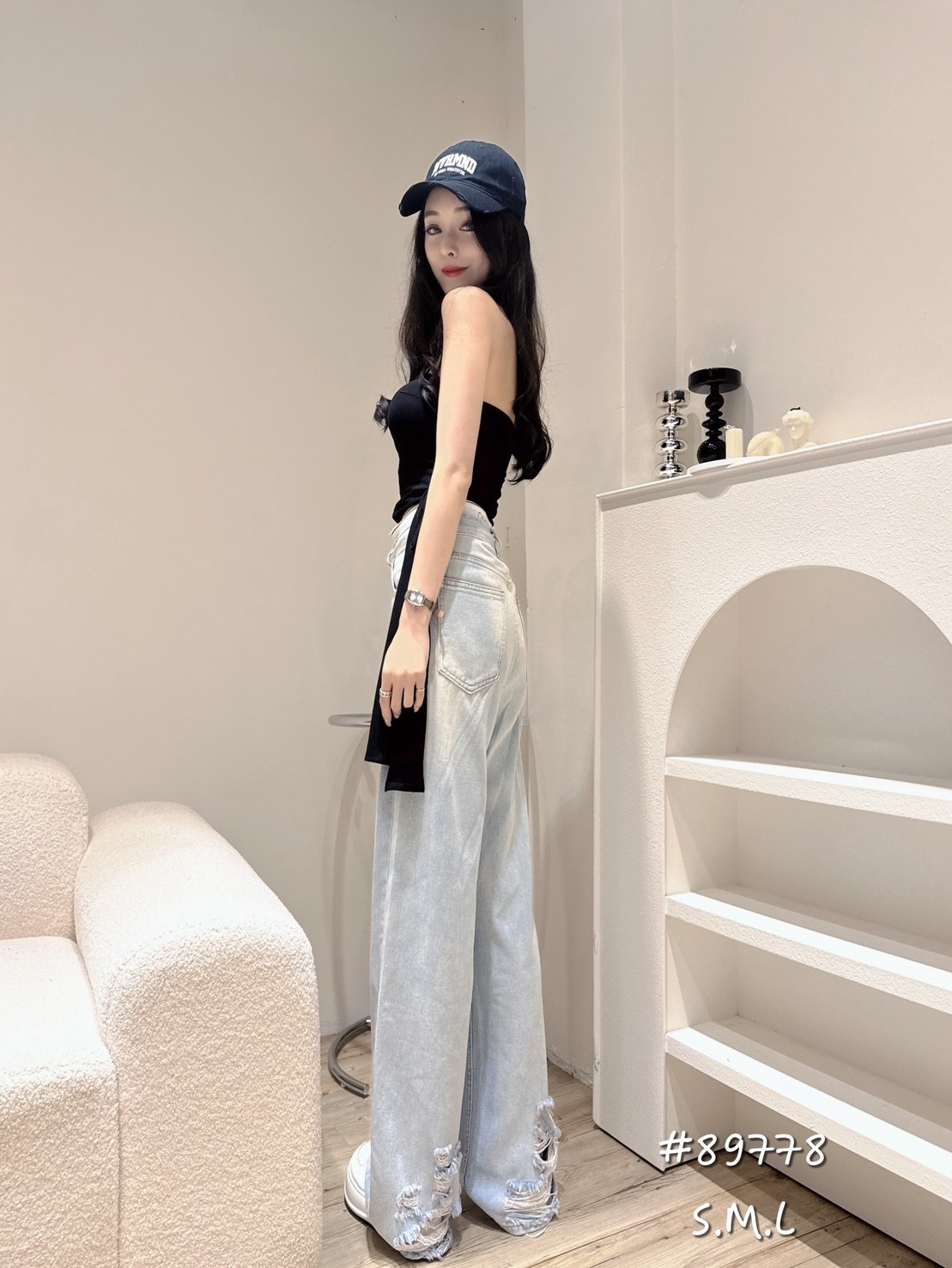 89778 高腰織帶牛仔寬褲