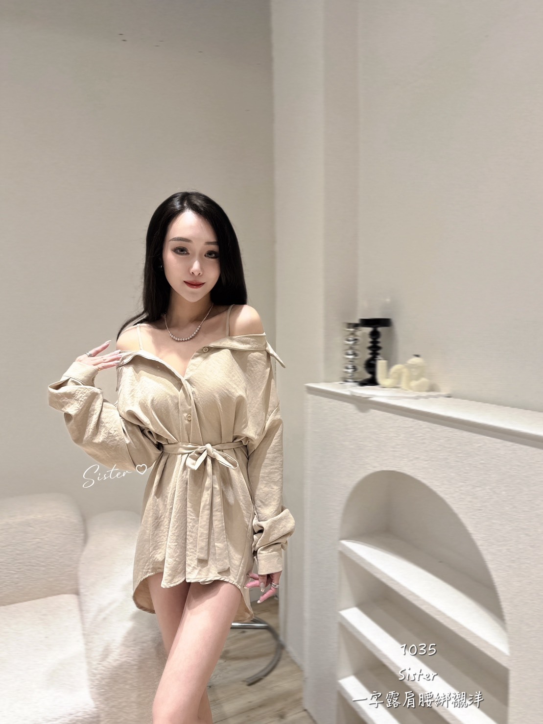 1035 一字露肩腰綁襯洋 (3)