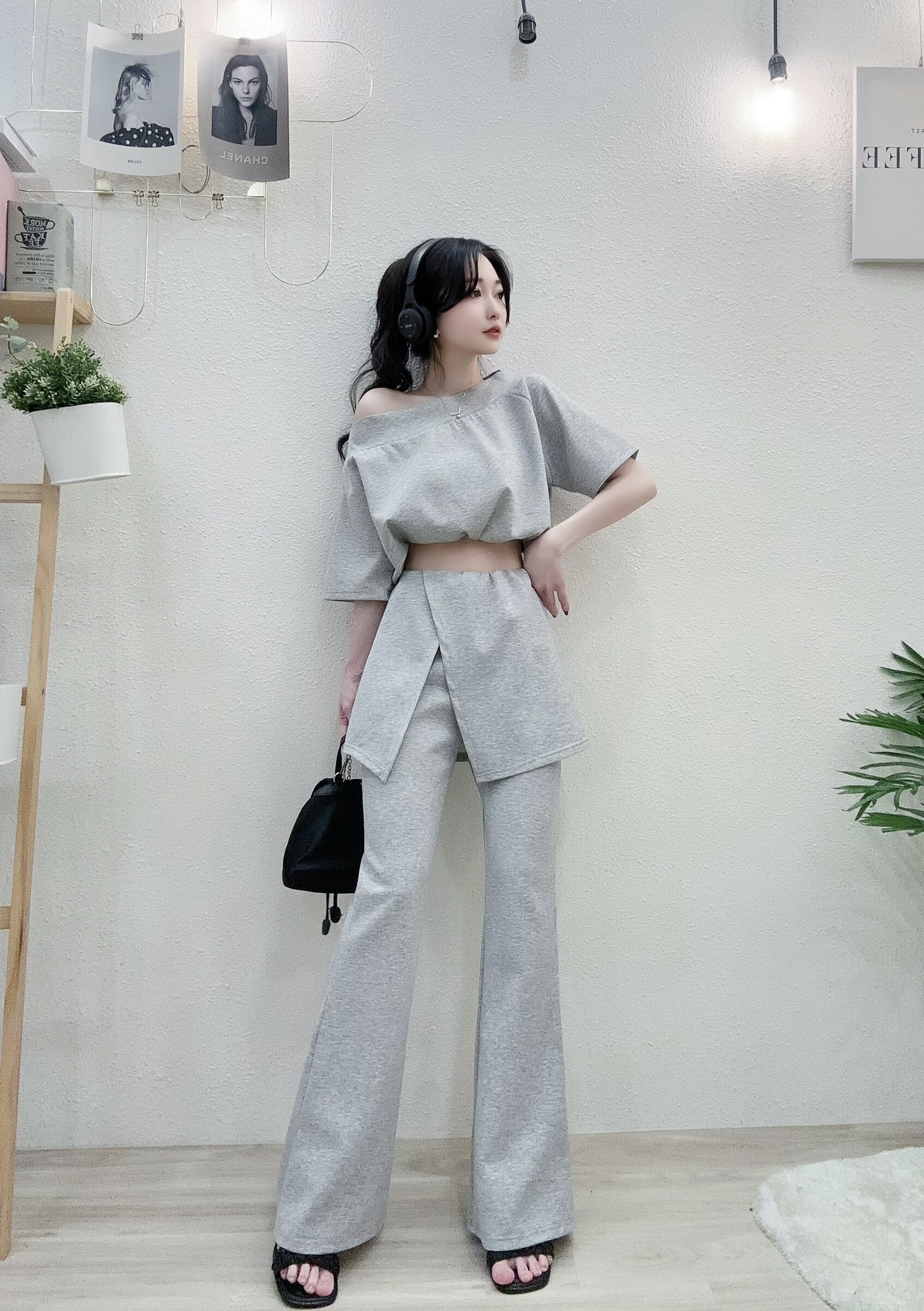 #8913質感休閒雙層開叉喇叭褲套裝