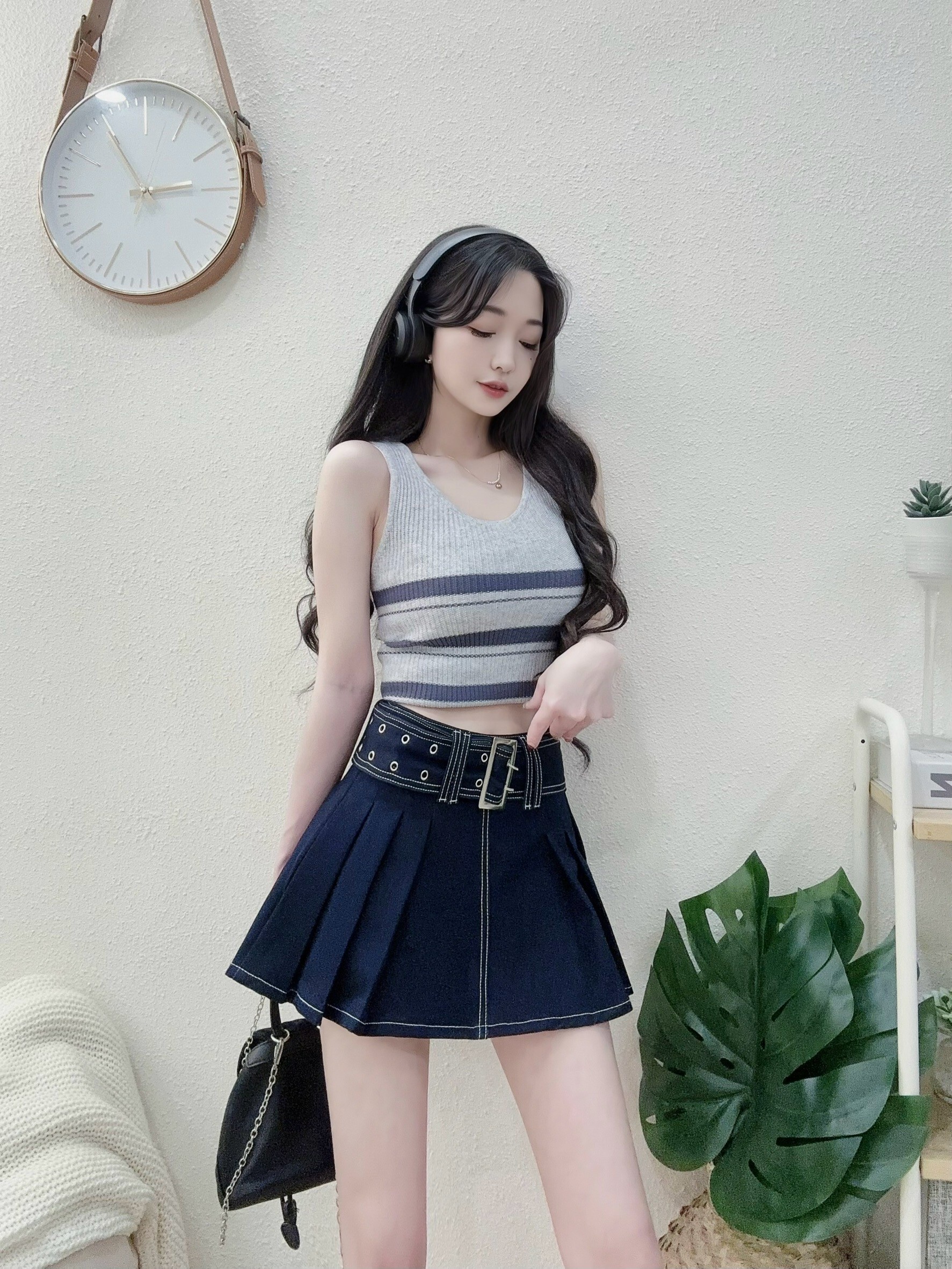 #23115包色款U領配色橫條針織背心