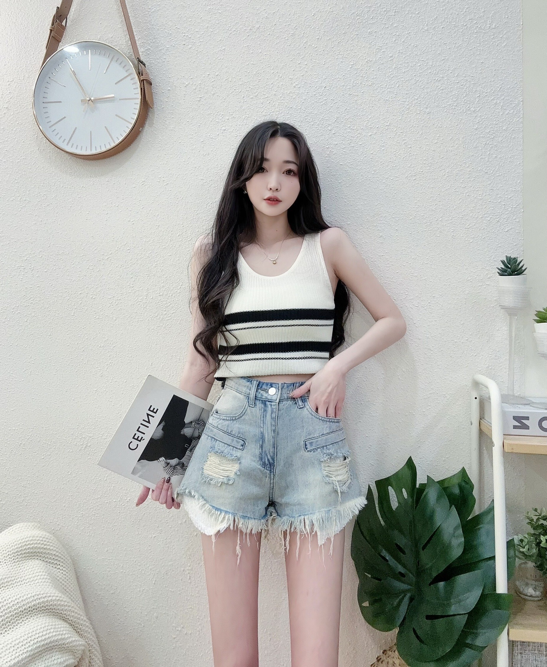 #23115包色款U領配色橫條針織背心 (3)