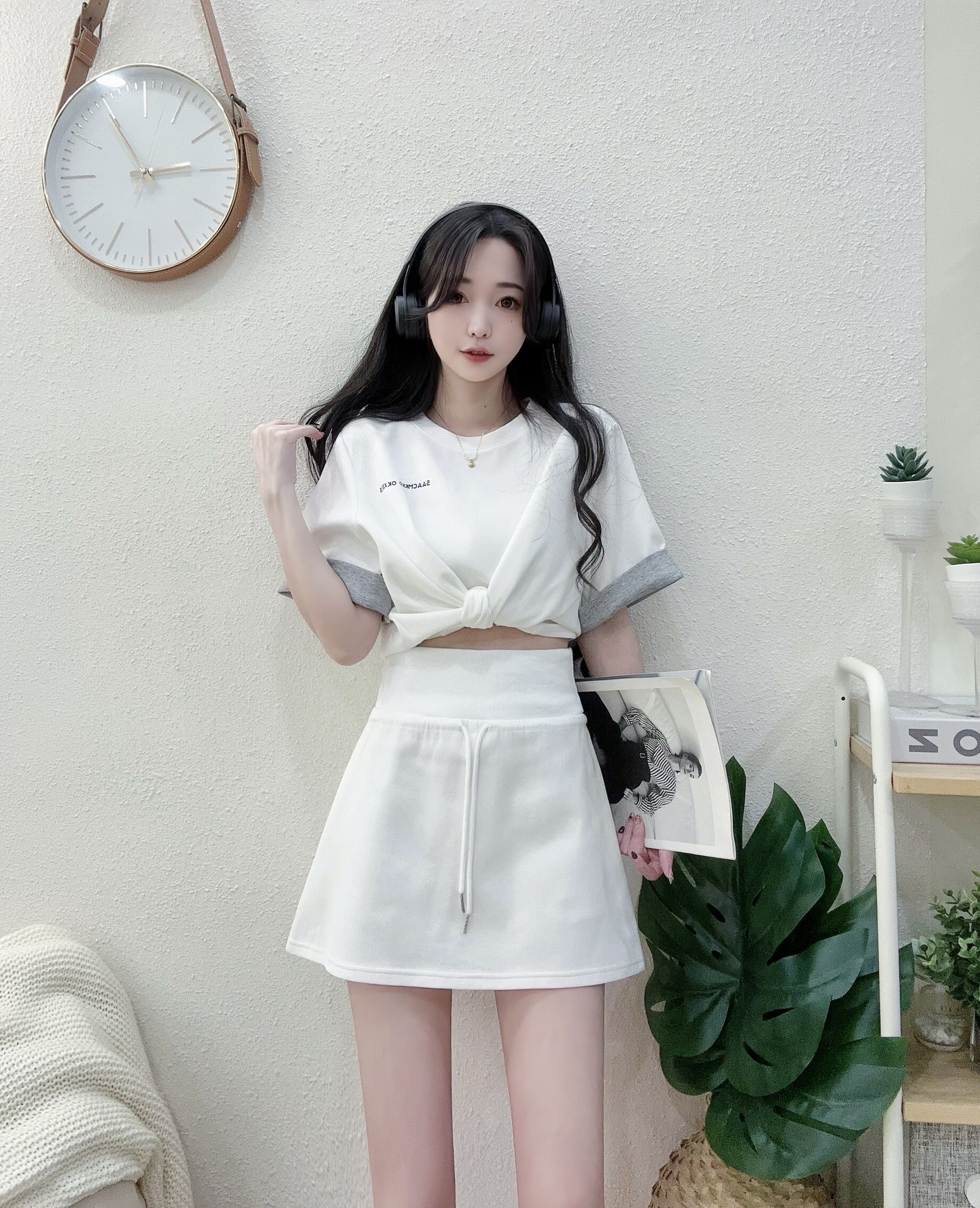 #A600質感折袖綁帶T+寬腰褲裙套裝