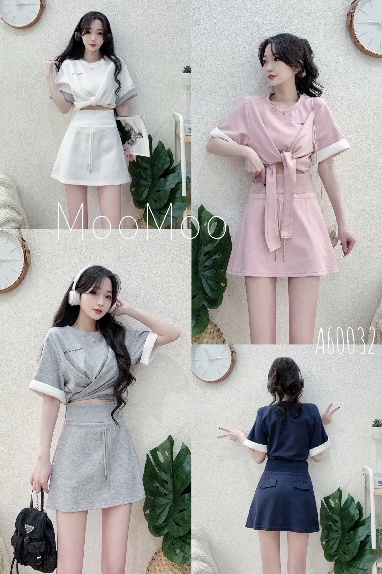 #A600質感折袖綁帶T+寬腰褲裙套裝 (5)