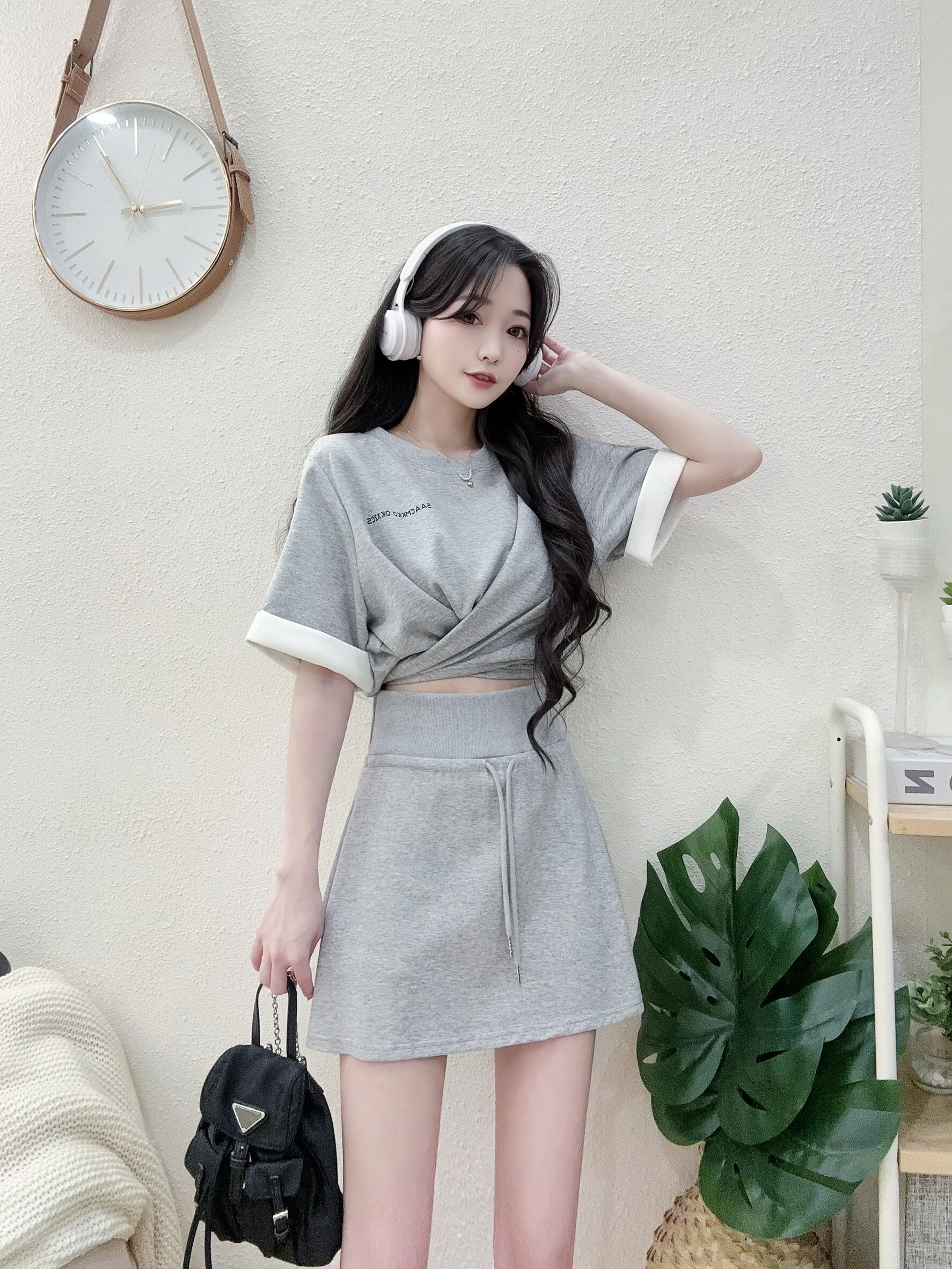 #A600質感折袖綁帶T+寬腰褲裙套裝 (2)