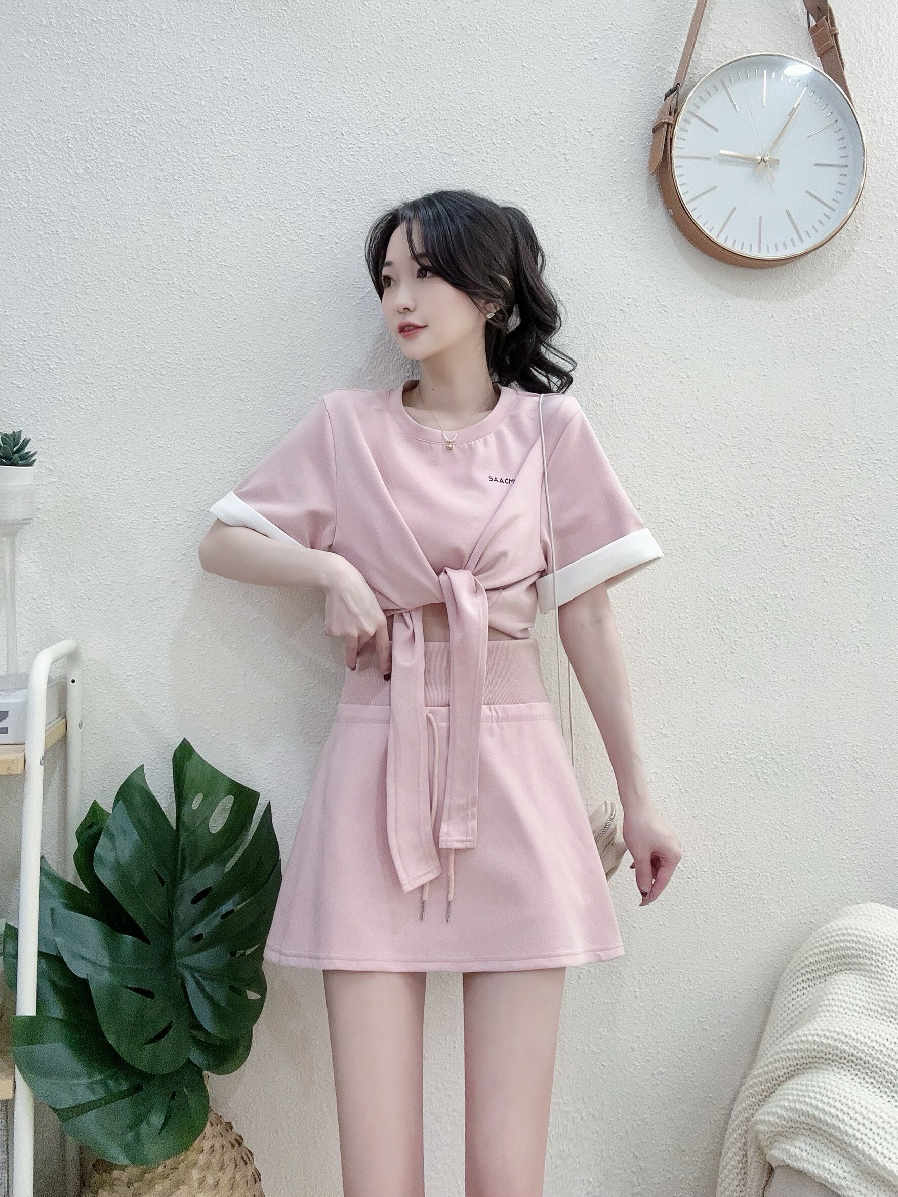 #A600質感折袖綁帶T+寬腰褲裙套裝 (3)