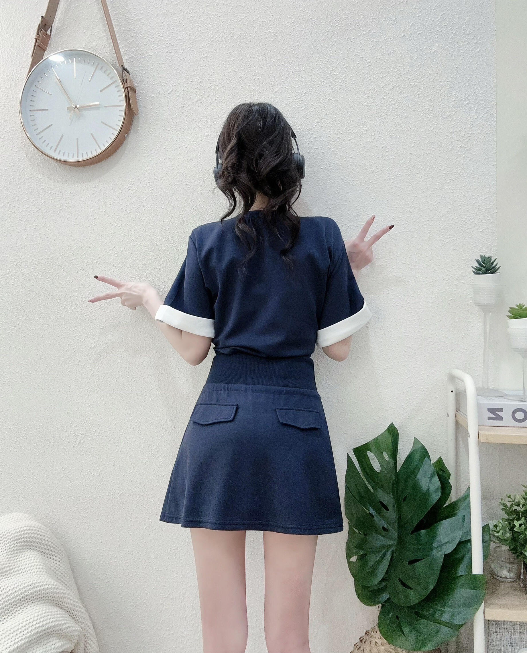 #A600質感折袖綁帶T+寬腰褲裙套裝 (4)