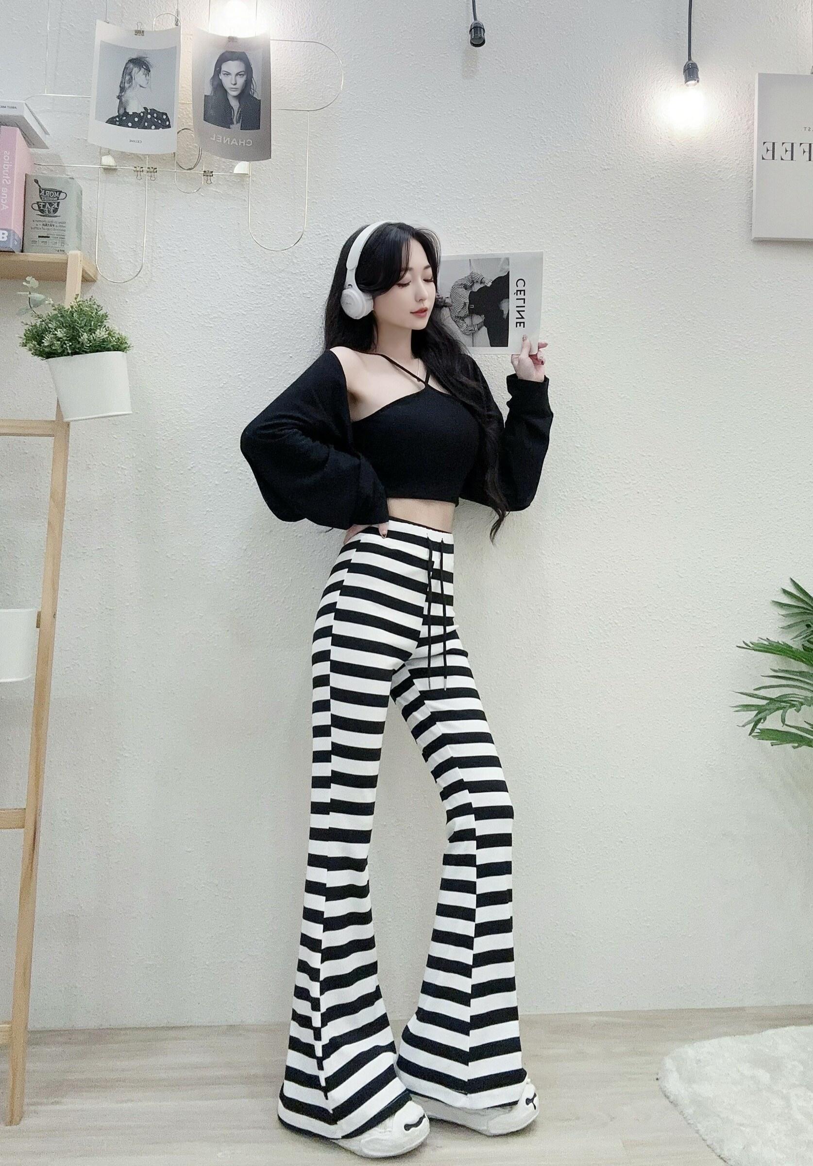 8909韓系激瘦配色粗條棉喇叭褲 (2)