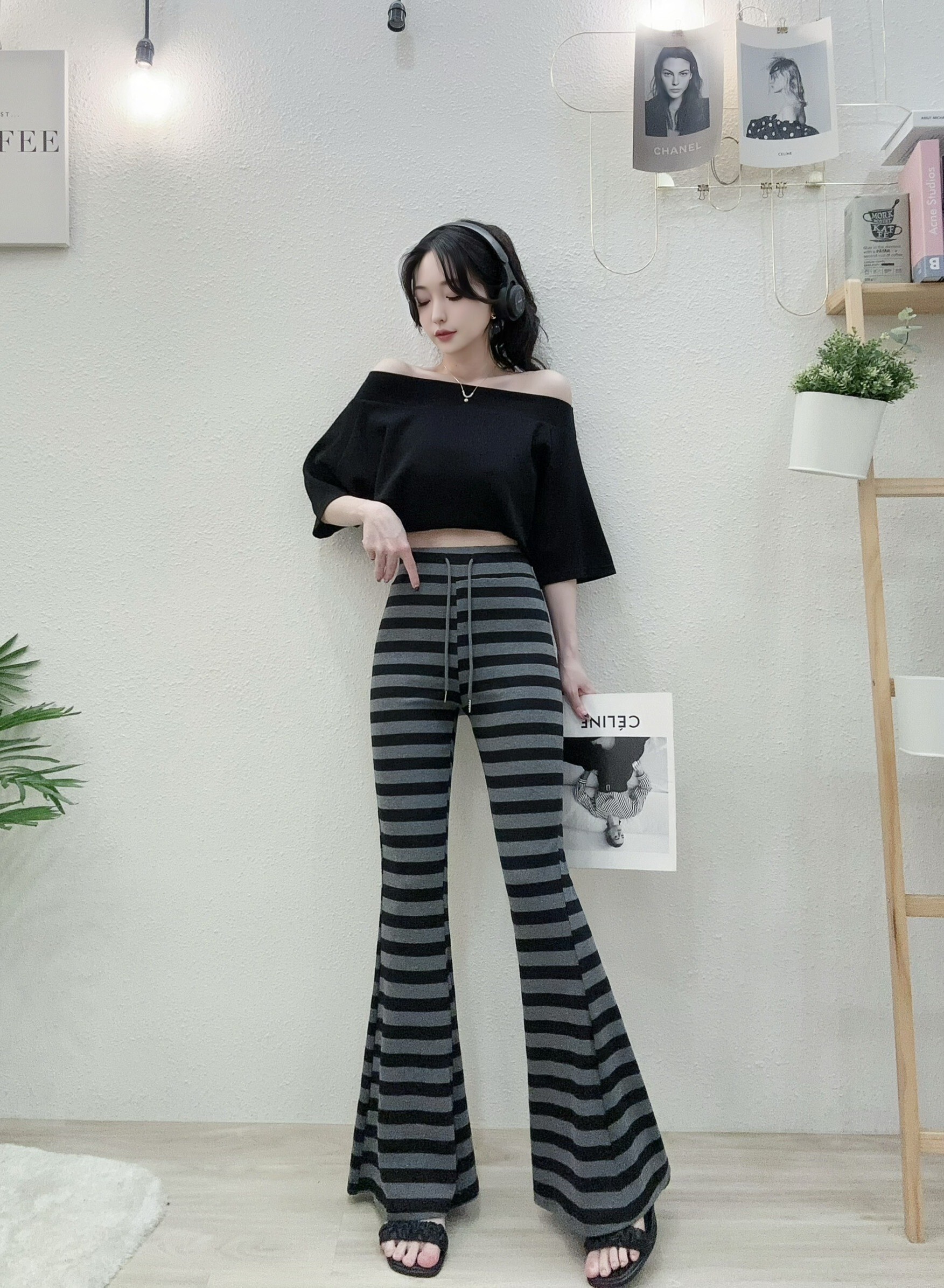 8909韓系激瘦配色粗條棉喇叭褲 (3)