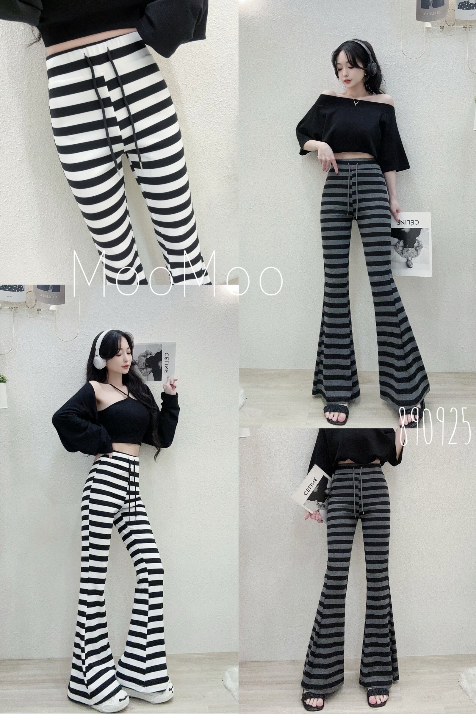 8909韓系激瘦配色粗條棉喇叭褲 (5)