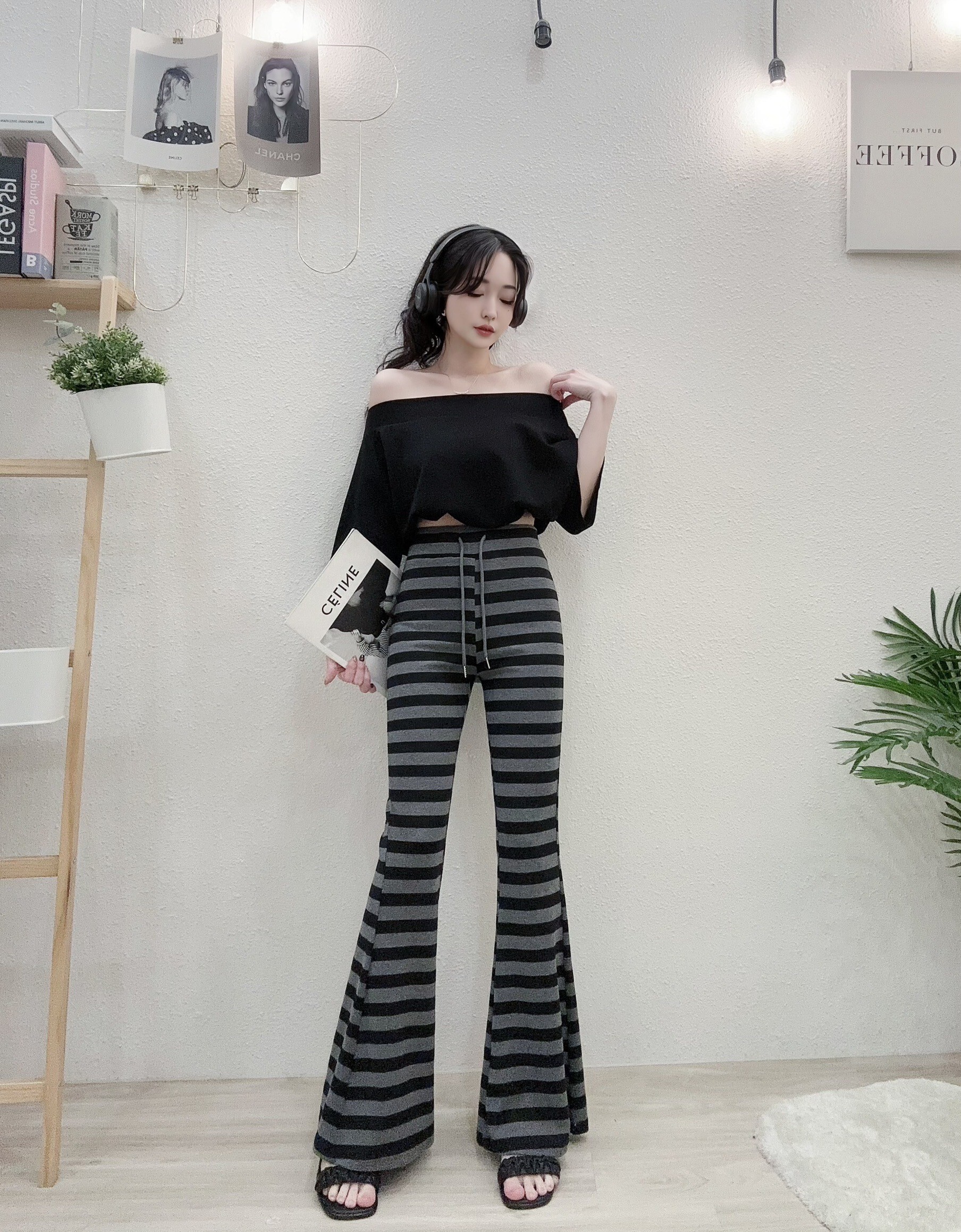 8909韓系激瘦配色粗條棉喇叭褲 (4)