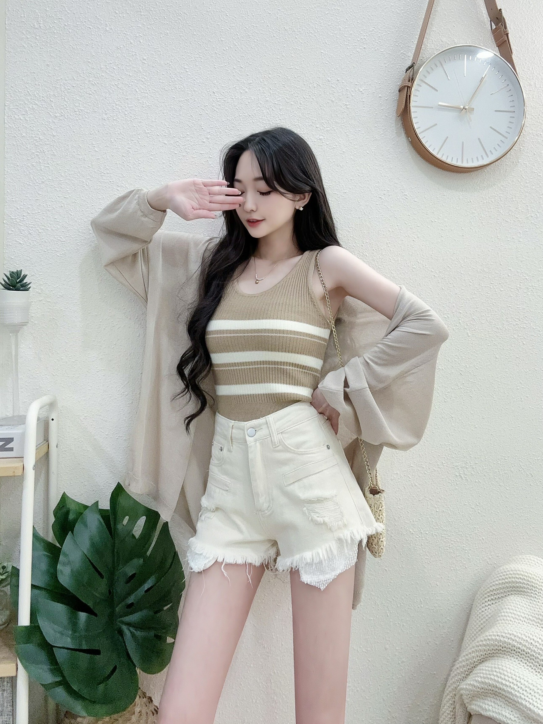 6016春夏慵懶泡袖針織長版罩衫 (2)