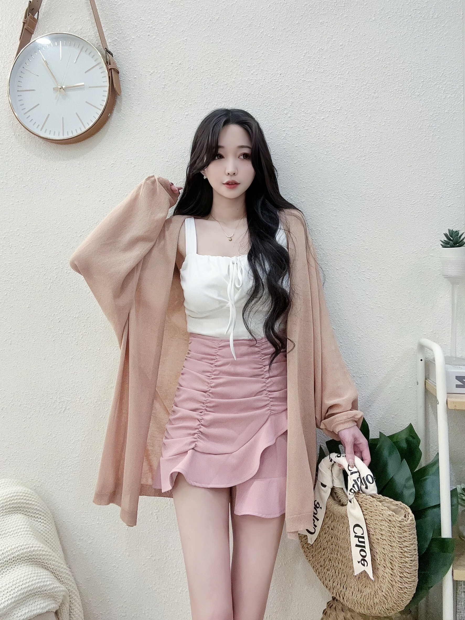 6016春夏慵懶泡袖針織長版罩衫