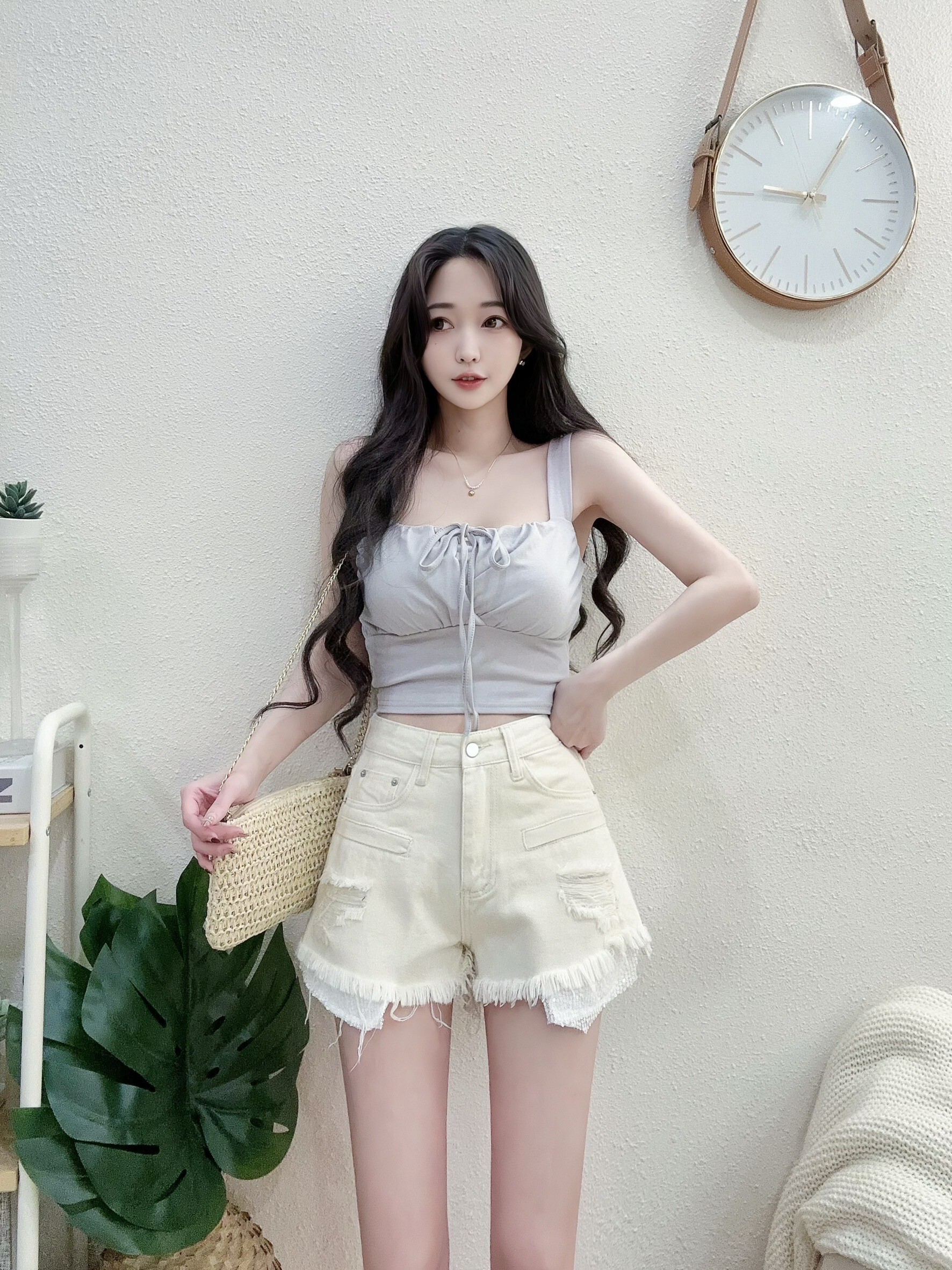 2001甜美寬肩綁帶罩杯短版背心 芋卡白黑 (3)