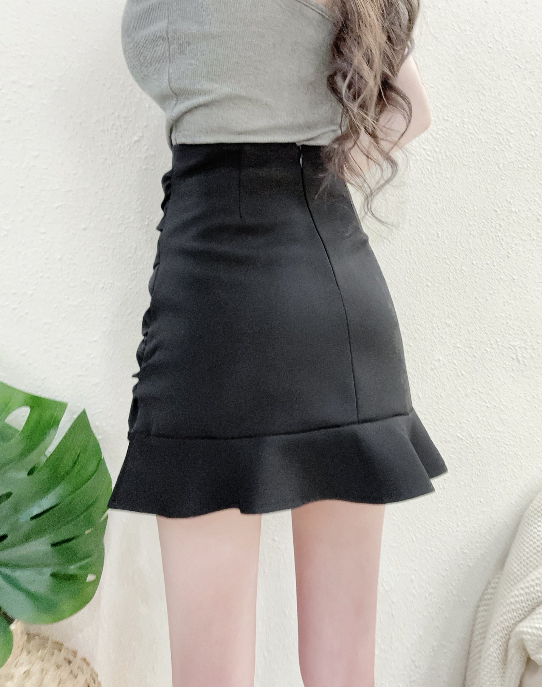 668浪漫抓皺不規則拼接魚尾裙 粉白黑 S-XL (2)