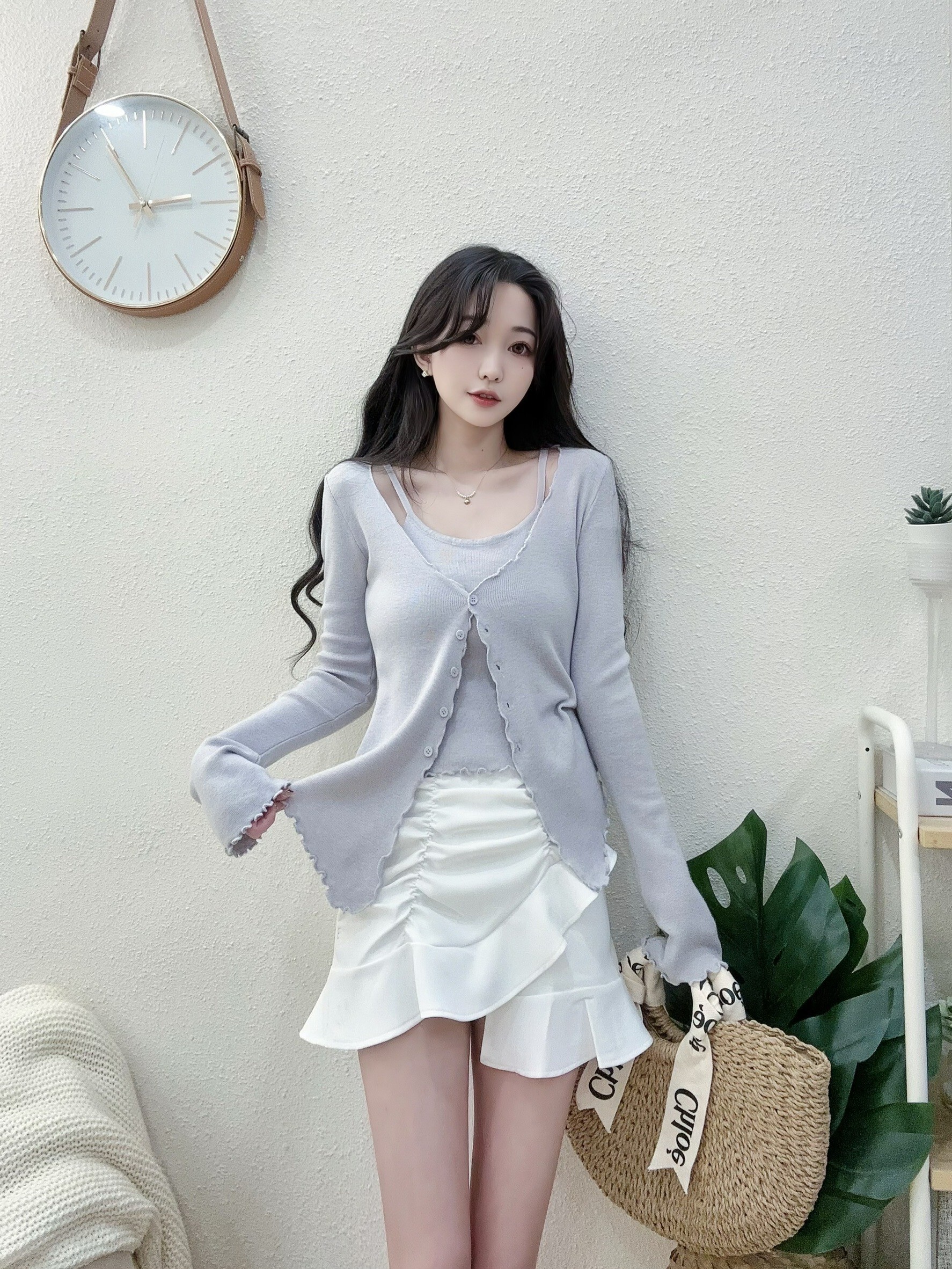 668浪漫抓皺不規則拼接魚尾裙 粉白黑 S-XL (3)